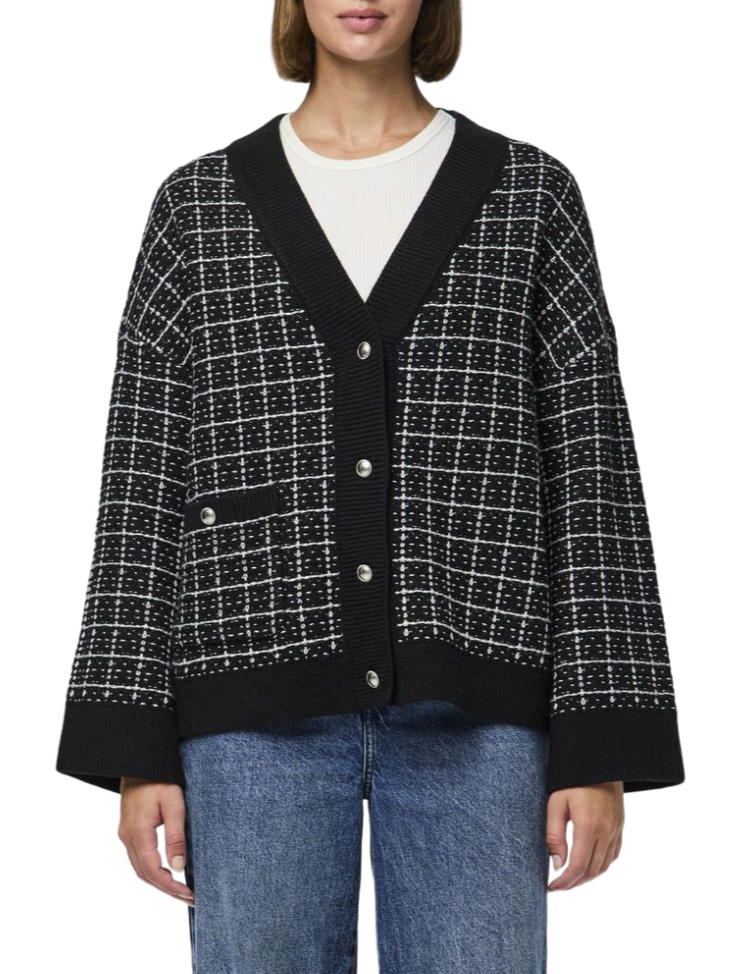 Pieces cardigan nilja nero bianco 17151992 BLACK-WHITE AND SILVER PIECES