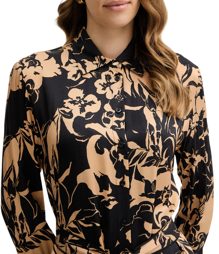 Simona Corsellini abito chemisier in fantasia con cintura beige nero P26CPAB02001 0000 SIMONA CORSELLINI