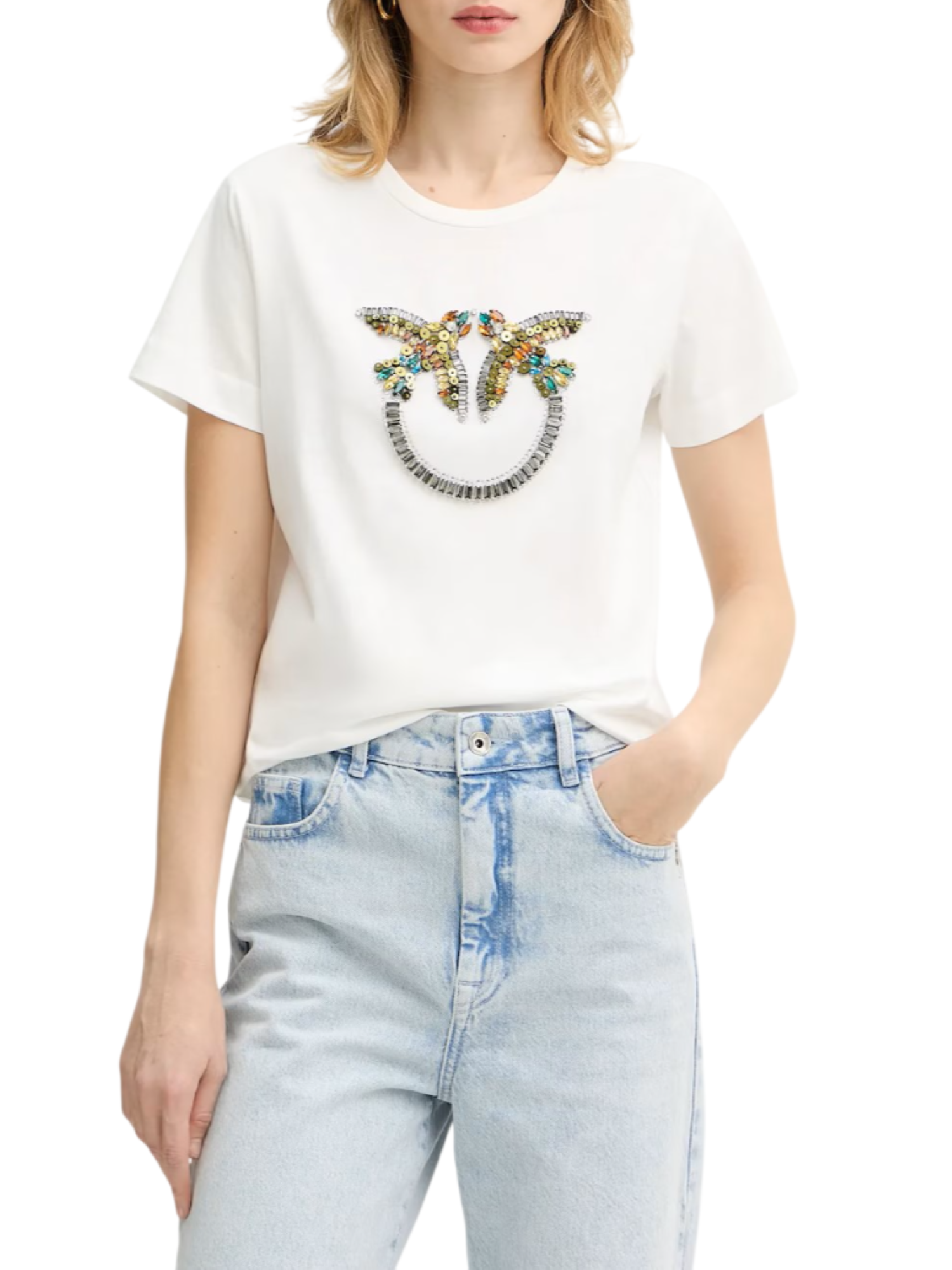 Pinko T-shirt Quentin con logo Love Birds gioiello bianco 100535-A33F Z05 PINKO