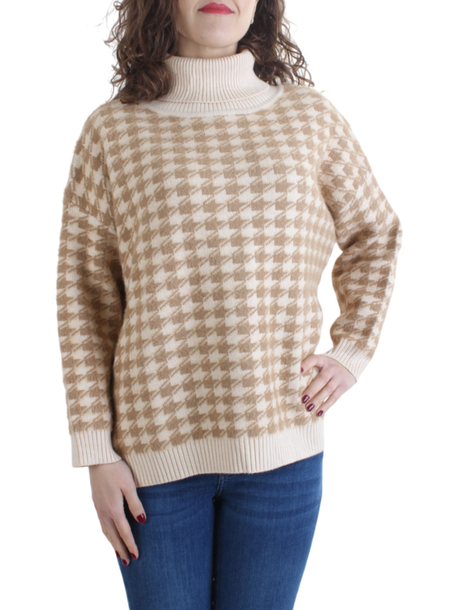 White Wise maglia dolcevita in fantasia Pied de Poule beige WW19141 NATURALE-CAMMELLO WHITE WISE