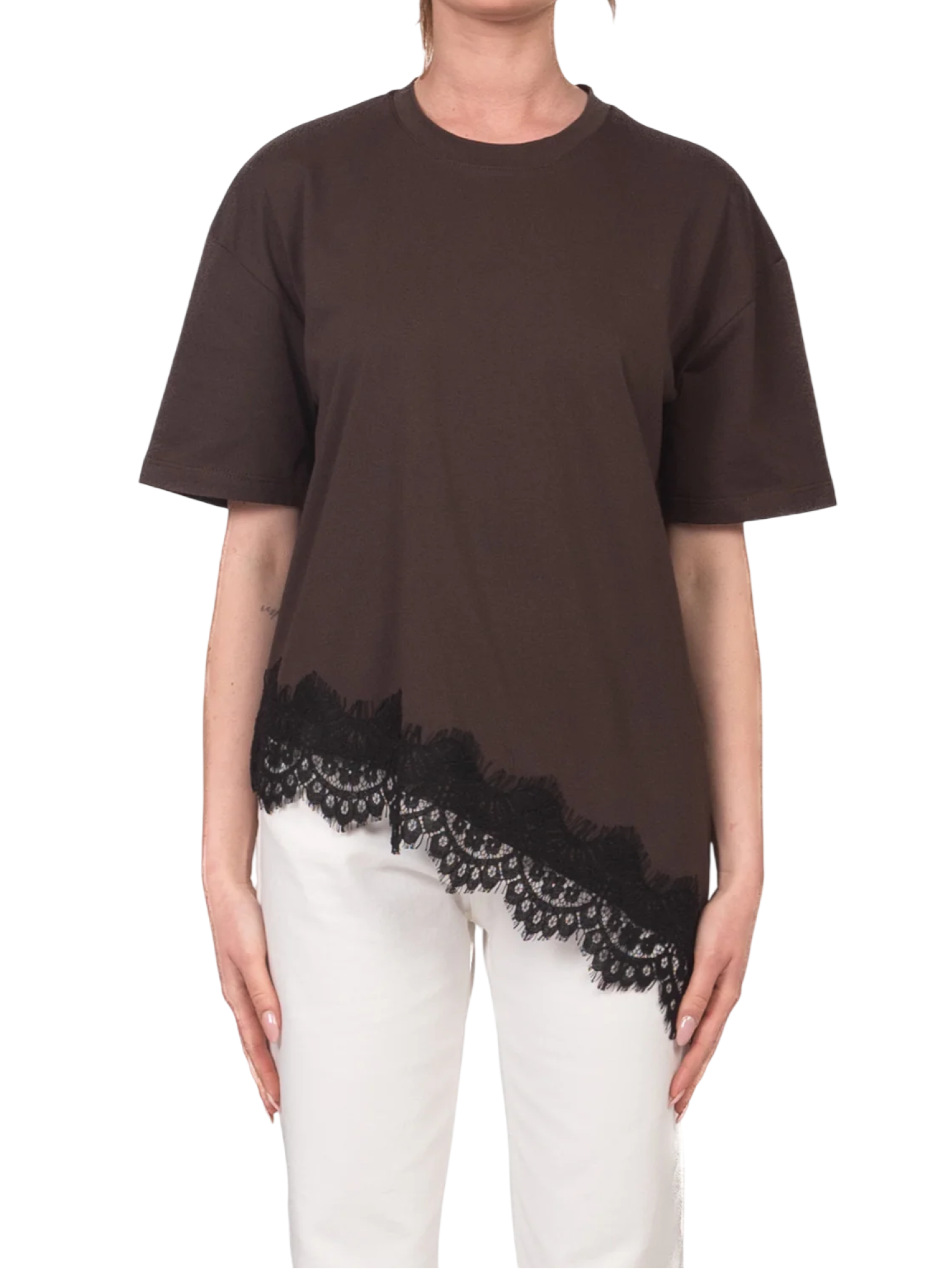 Vicolo T-shirt manica corta asimmetrica con pizzo marrone RAB0598 MORO VICOLO