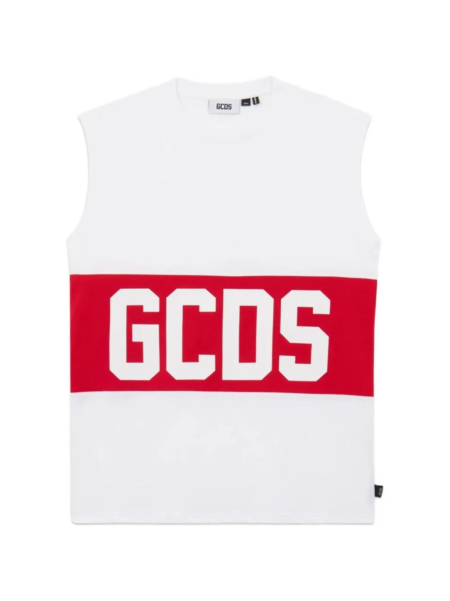GCDS T-shirt smanicata bambino con banda logo bianco rosso Z0UJQ586J105 OPTIC WHITE-RED GCDS