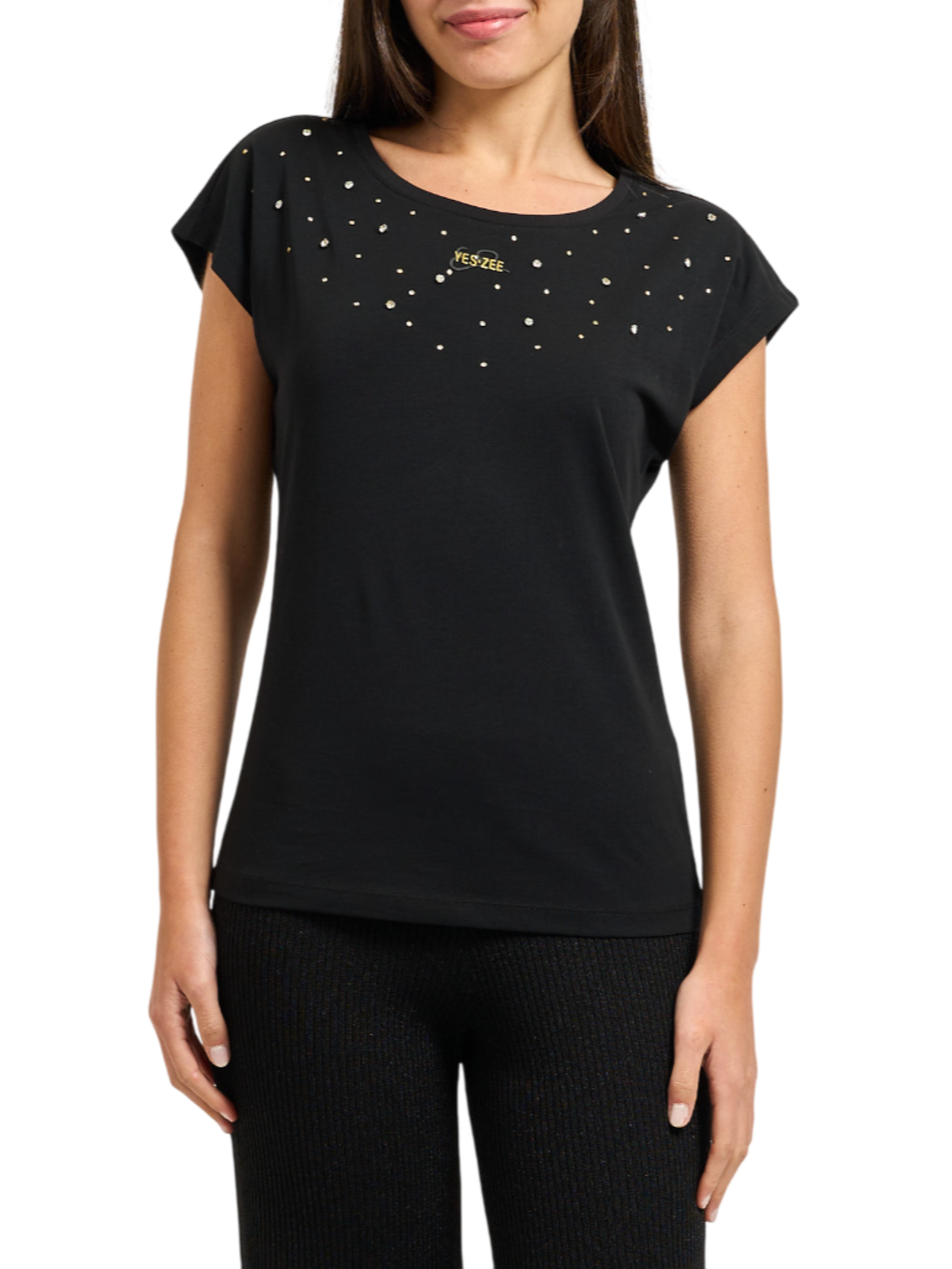 Yes Zee T-shirt manica corta con strass nero T275-S700 0801 YES-ZEE
