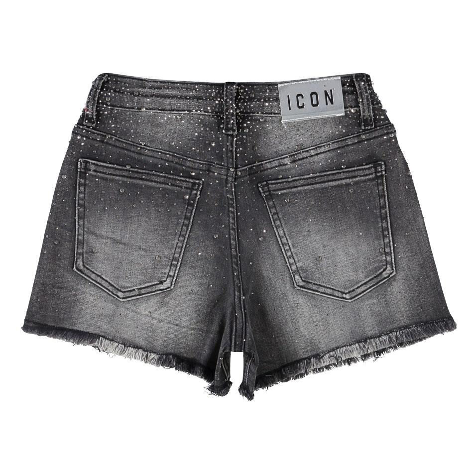 Icon shorts bambina in denim con strass lavaggio nero IGDS001061 9007 ICON