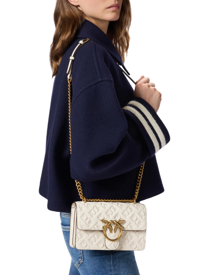 Pinko borsa Love One Mini in pelle con logo imprimè bianco latte oro 100074-A1YB Z14Q PINKO