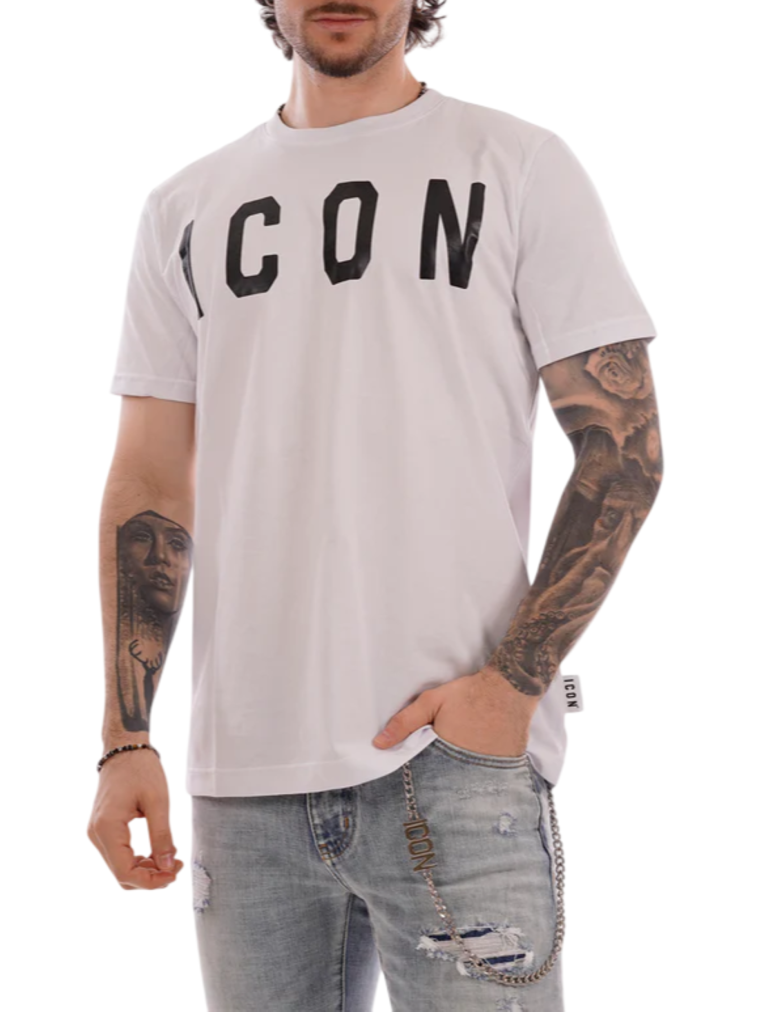 Icon T-shirt maniche corte con logo uomo bianco IUT001 BIANCO-NERO ICON
