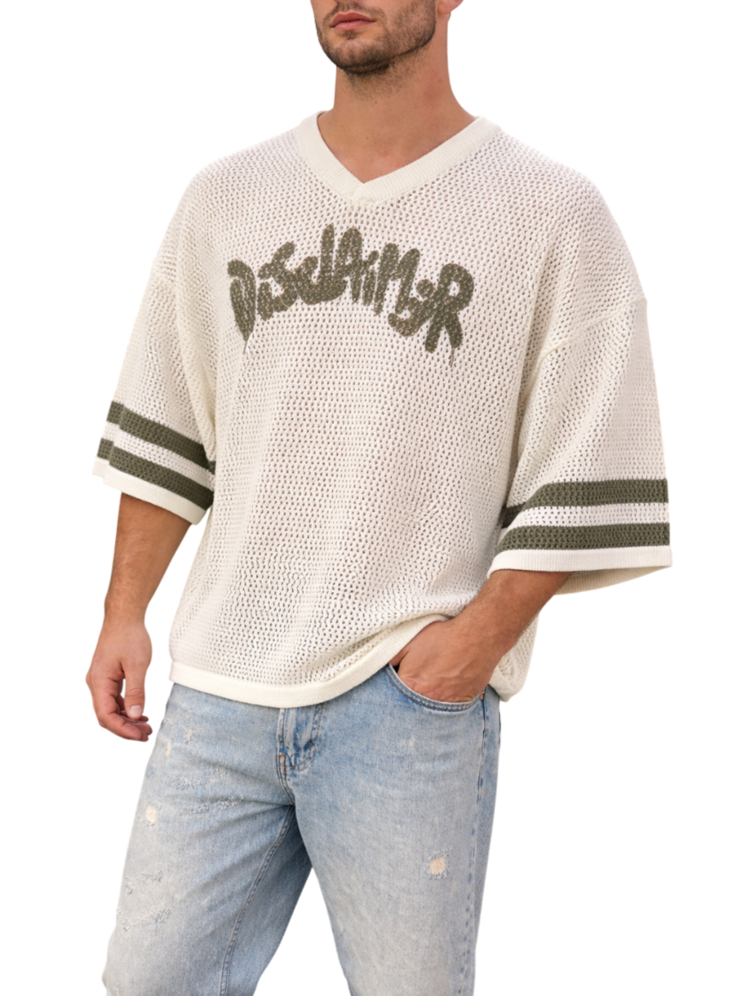 Disclaimer maglia traforata uomo con logo beige 55494 SABBIA DISCLAIMER