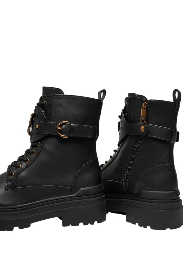 Pinko stivali anfibi Mia con placca Love Birds in pelle nero SD0147P001 Z99 PINKO
