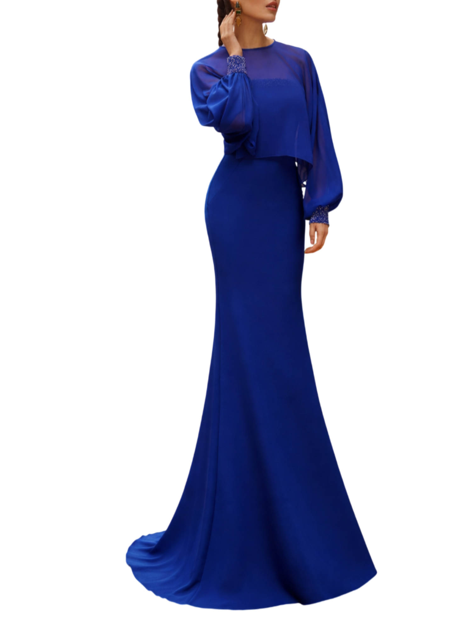 1j17-lungo due pezzi. realizzato in crêpe elasticizzato. scollo senza spalline e dettagli con perline. include mantella 1J217CRL0P 635-AZUL KLEIN MARFIL BARCELONA