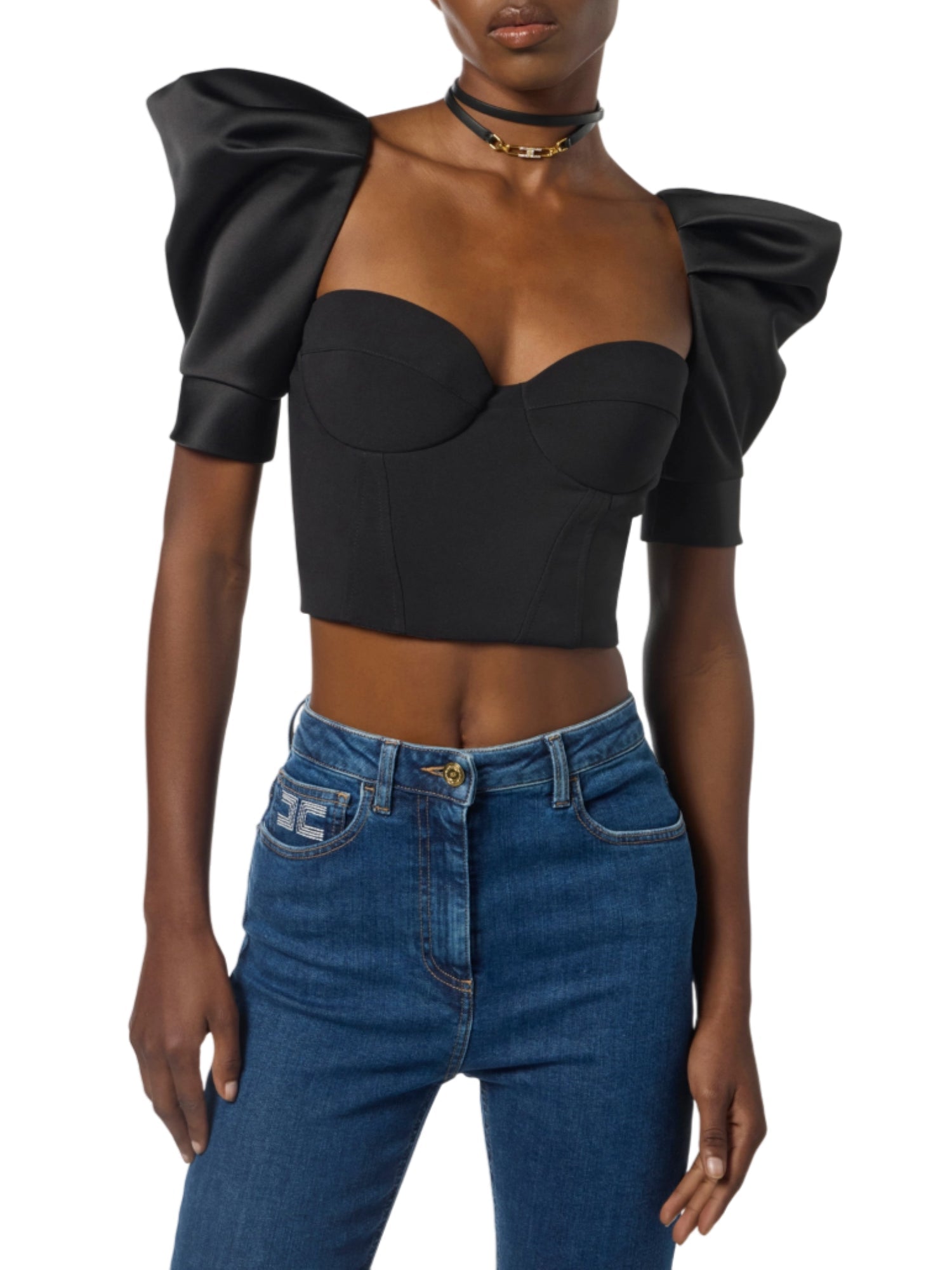 Elisabetta Franchi top in crepe e duchesse con manica palloncino nero TO02656E2 110 ELISABETTA FRANCHI 