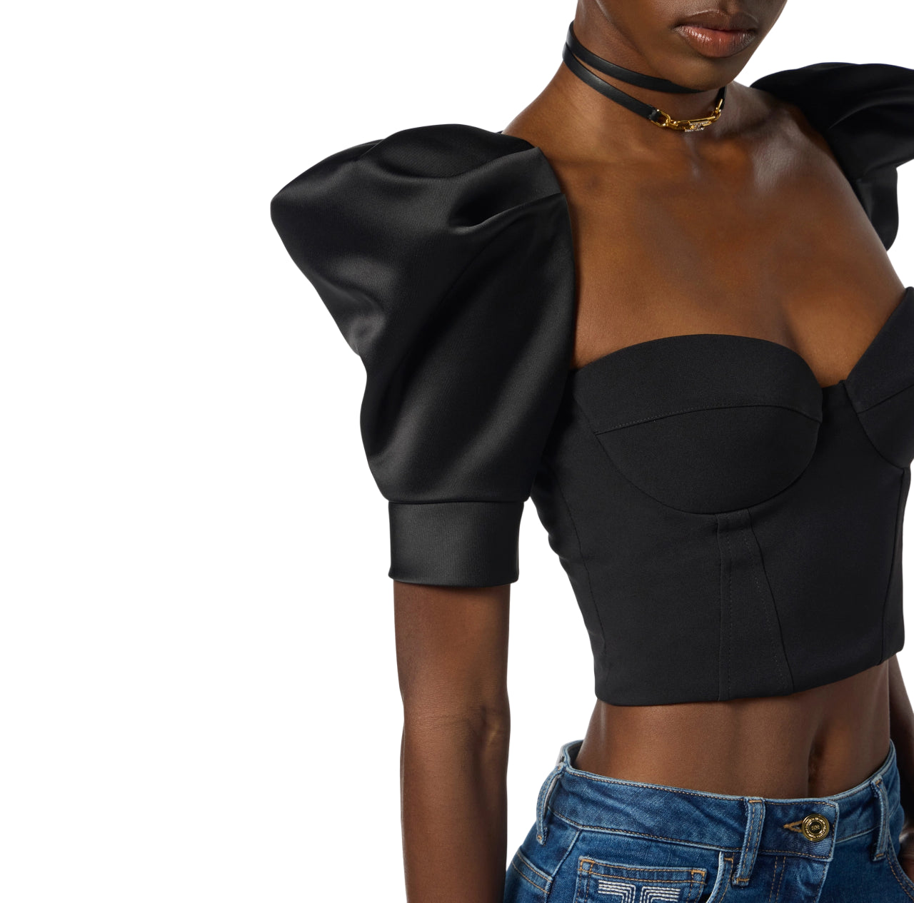Elisabetta Franchi top in crepe e duchesse con manica palloncino nero TO02656E2 110 ELISABETTA FRANCHI 