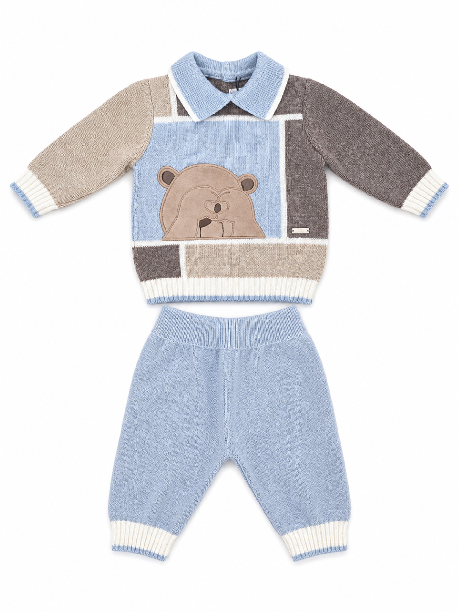 Colori Chiari completo maglia e pantaloni in lana con orsetto celeste beige MF218598-2088 5123 COLORICHIARI 