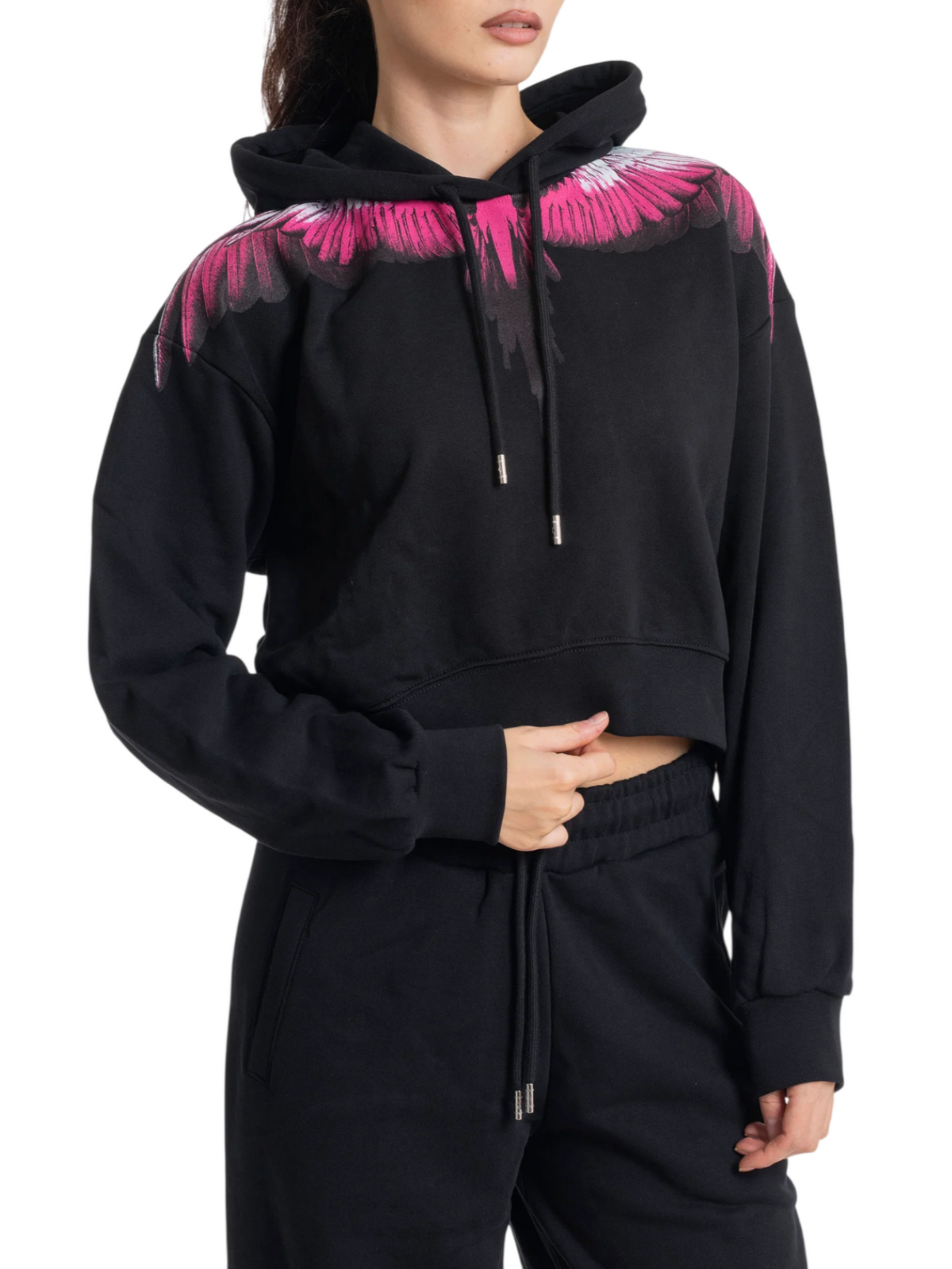 County of Milan felpa donna crop con cappuccio nero fucsia CM30204 NERO-PINK COUNTY OF MILAN 