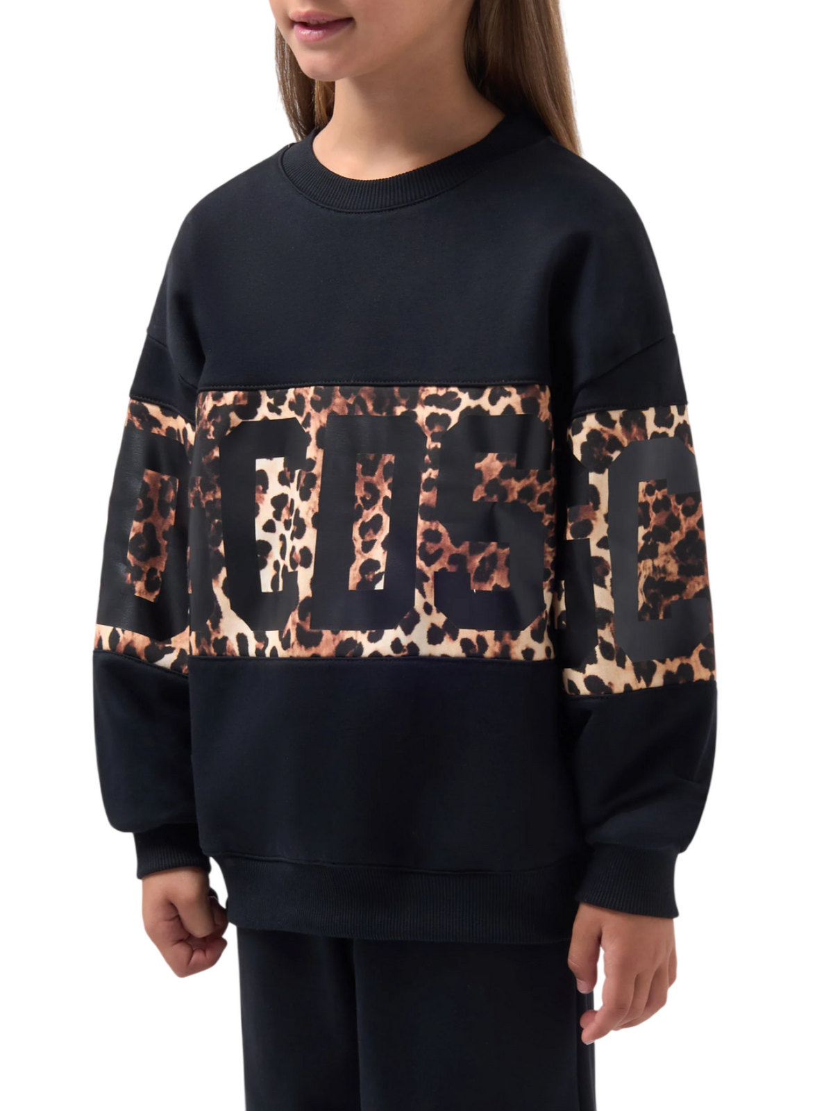 GCDS felpa bambina con banda logo animalier nero Z0GJQE584F005 999M GCDS 