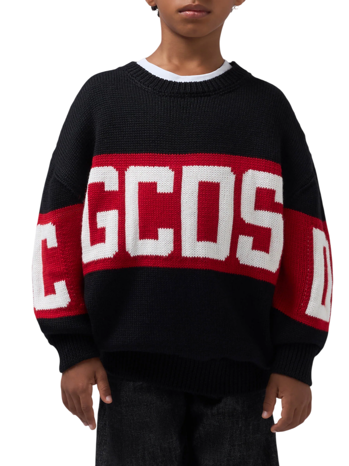 GCDS maglia bambino misto lana banda logo nero Z0UJQF621K347 999R GCDS 