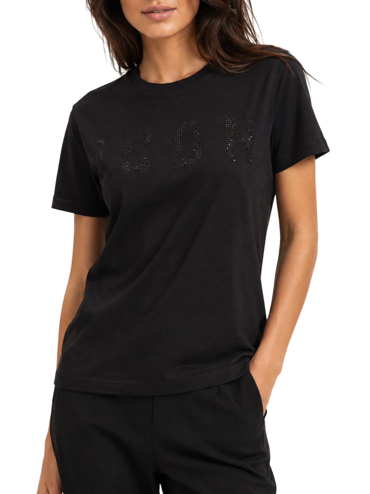Icon T-shirt manica corta donna con logo strass nero IDT030 NERO ICON 