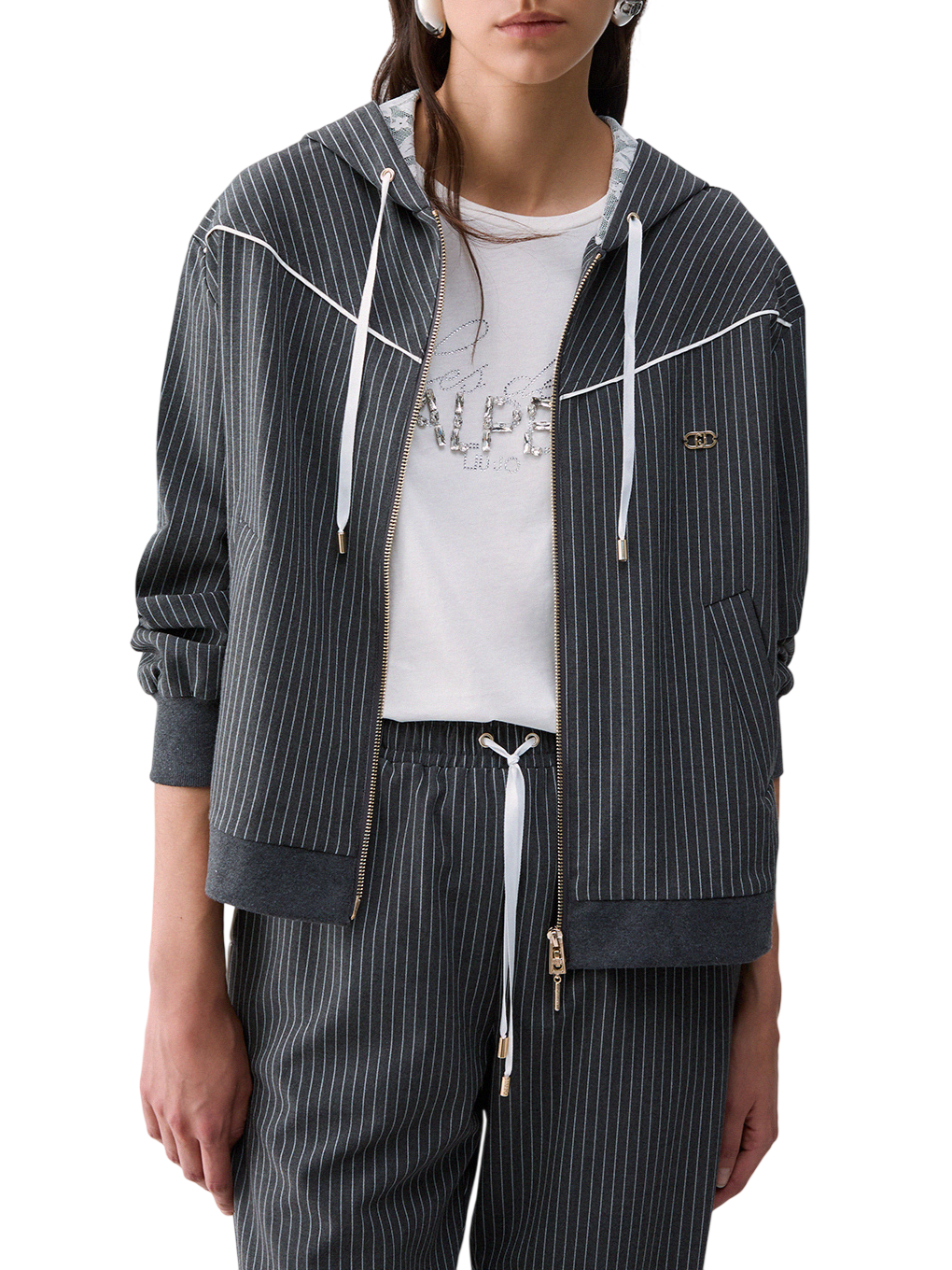 Liu Jo giacca gessata con zip e cappuccio grigio TF6200T691A D3031 LIU JO 