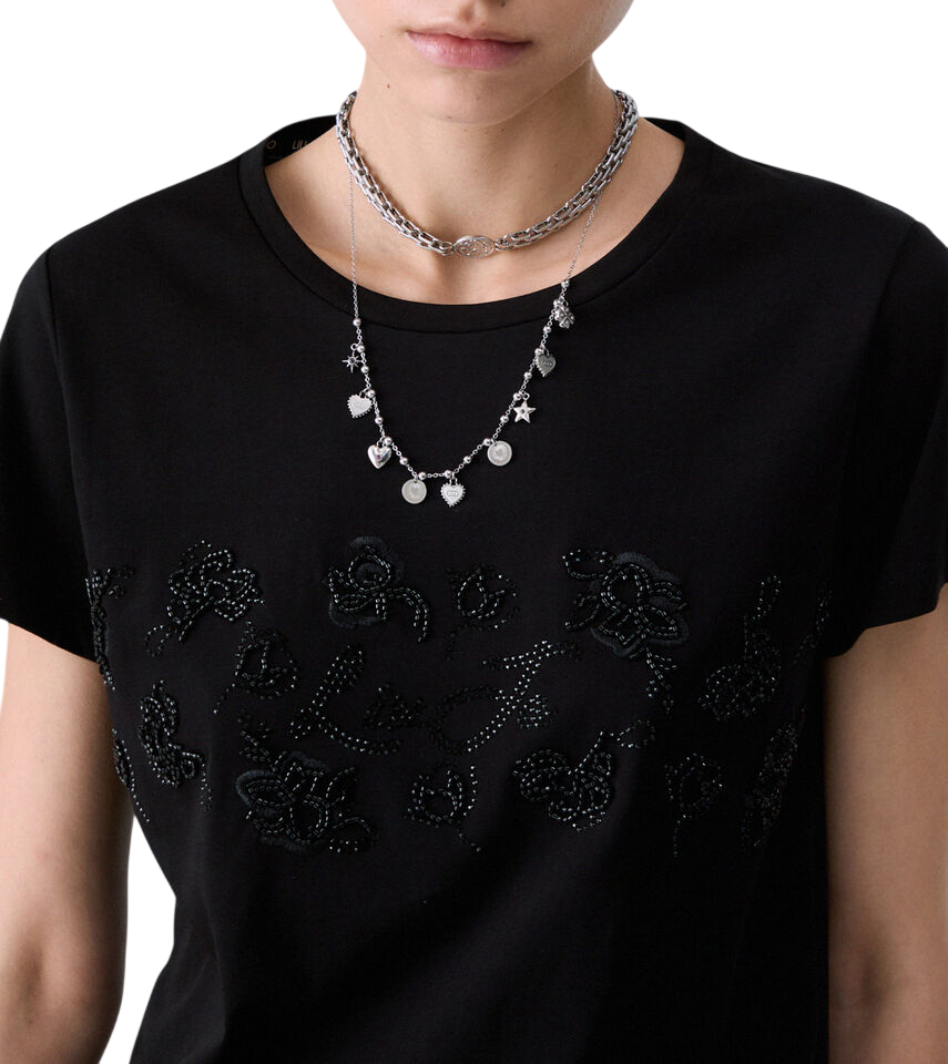 Liu Jo T-shirt donna manica corta con logo strass e ricami gioiello nero TF6242JS923 L9503 LIU JO 