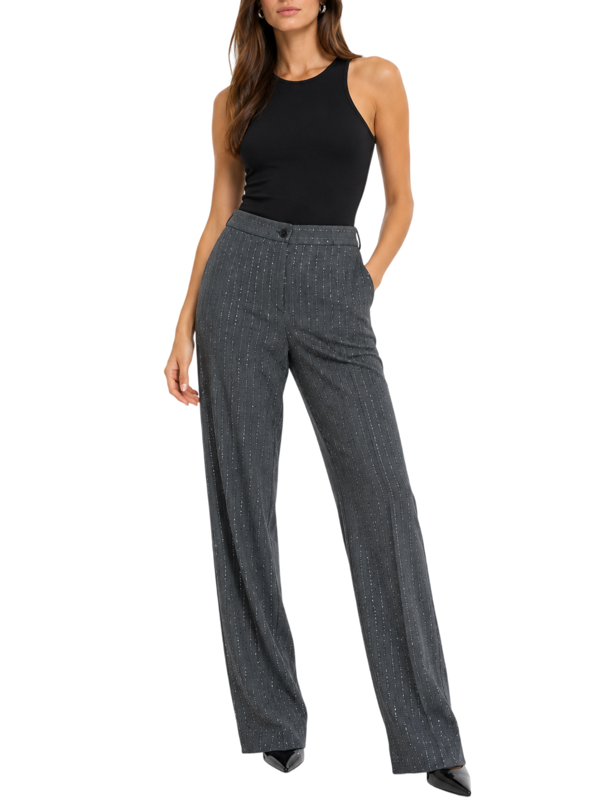 Lola by Sandro Ferrone pantaloni gamba larga gessati con paillettes grigio L24YBGACARIO ANTRACITE Lola BY S.FERRONE 