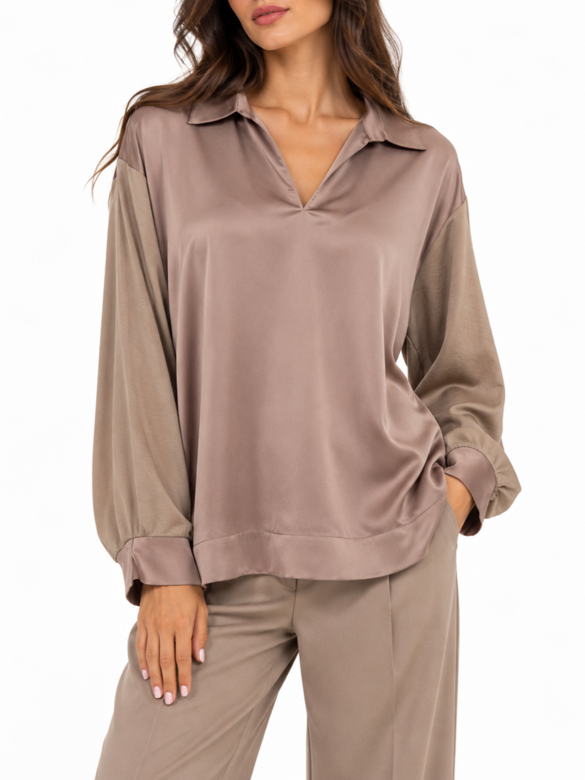 Lola by Sandro Ferrone blusa donna in raso e jersey tortora L7YBGTRAPANI TORTORA Lola BY S.FERRONE 