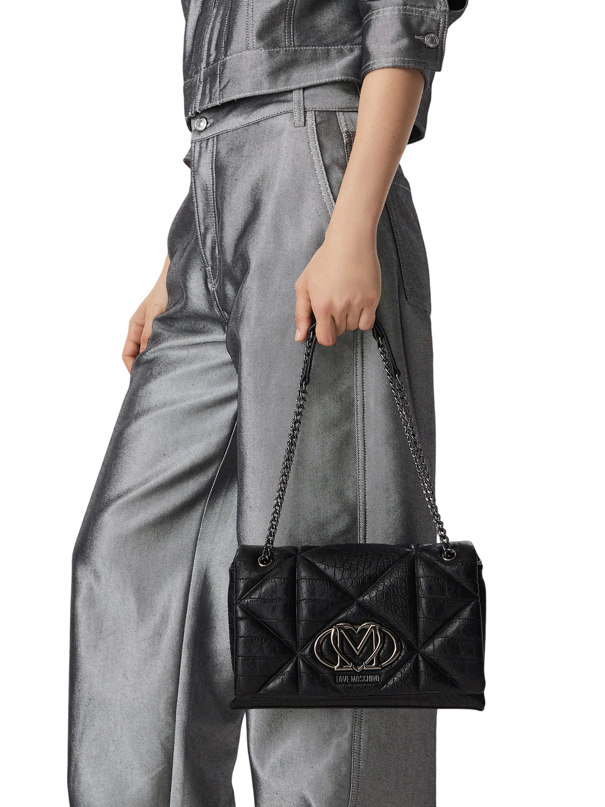 Love Moschino borsa a spalla in ecopelle trapuntata cocco nero argento JC4041PP1P-LF1 000 MOSCHINO LOVE 