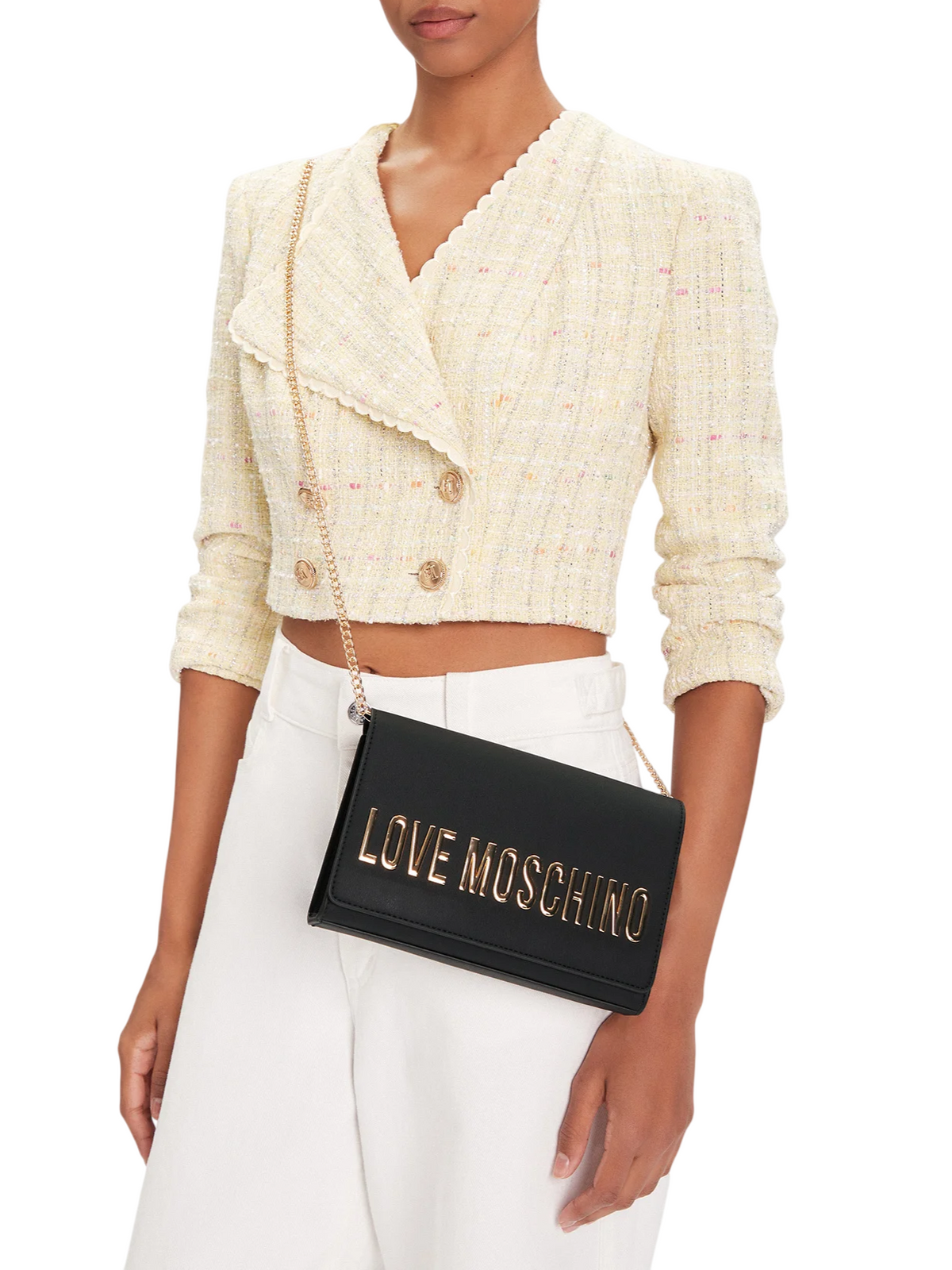 Love Moschino borsa a tracolla in ecopelle con placca logo nero oro JC4103PP1P-KD0 000 MOSCHINO LOVE 