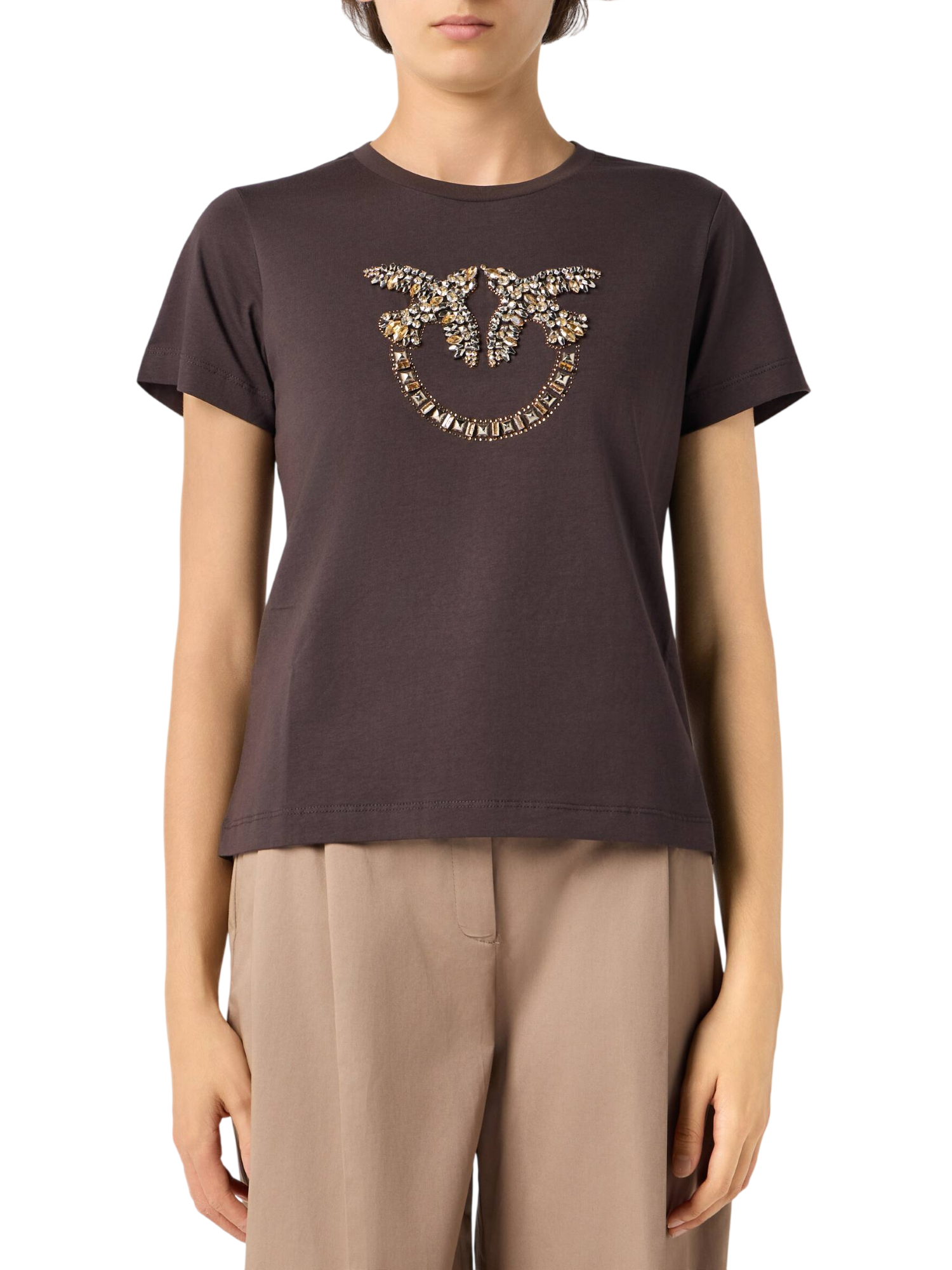 Pinko T-shirt Quentin manica corta con logo Love Birds gioiello marrone 100535-A3JP L72 PINKO 