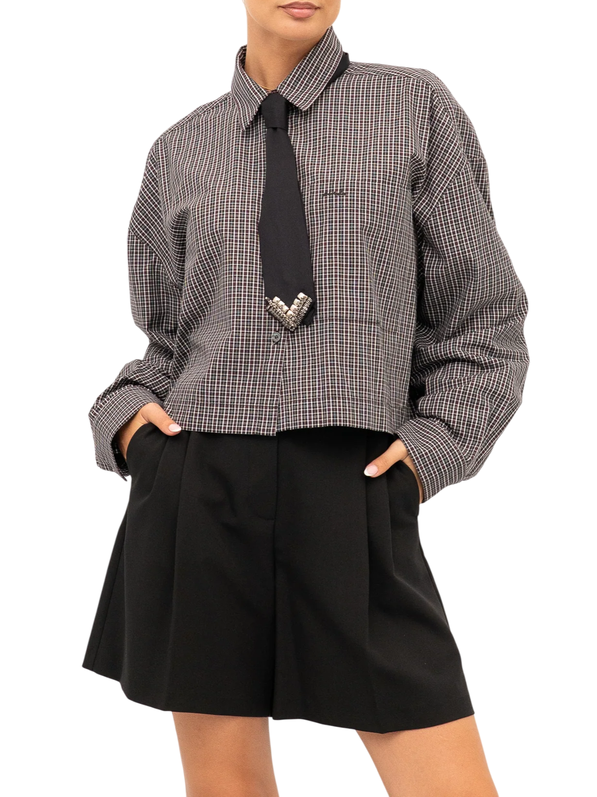 Pinko camicia donna Carlina in fantasia check con cravatta bordeaux nero 107453-A3FQ ZF6 PINKO 