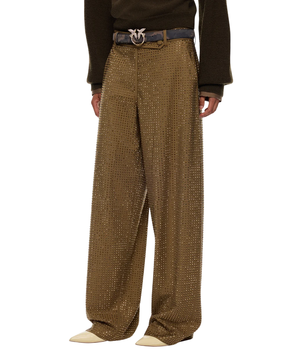 Pinko pantaloni Solopaca barrel fit donna con strass verde oliva 107667-A3M0 V67 PINKO 