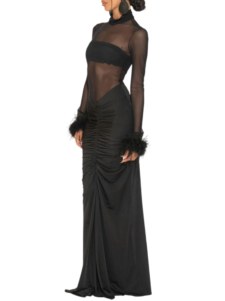 Silence abito lungo Mabel donna con trasparenze e piume nero AB4291 BLACK SILENCE 