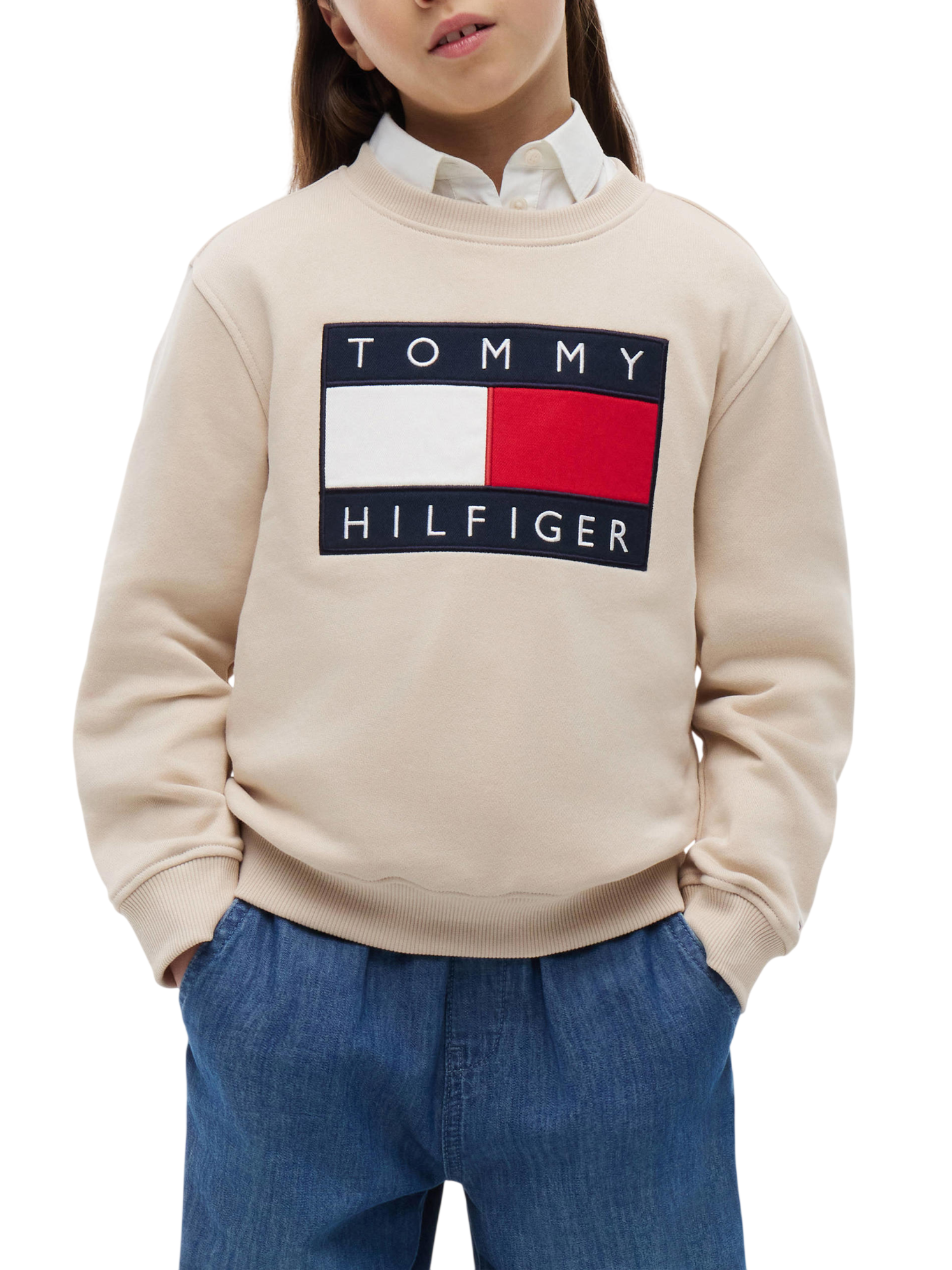 Tommy Hilfiger felpa bambino con logo iconico beige KS0KS00709 ACI Tommy Hilfiger 