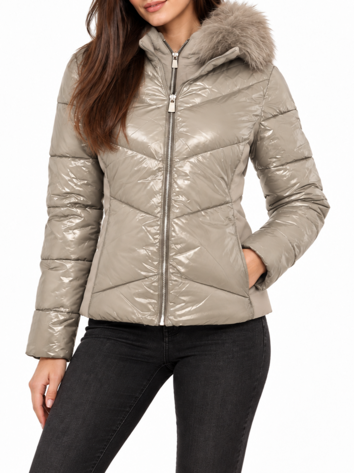 Yes Zee piumino trapuntato donna con cappuccio beige J016-Q300 0222 YES-ZEE 