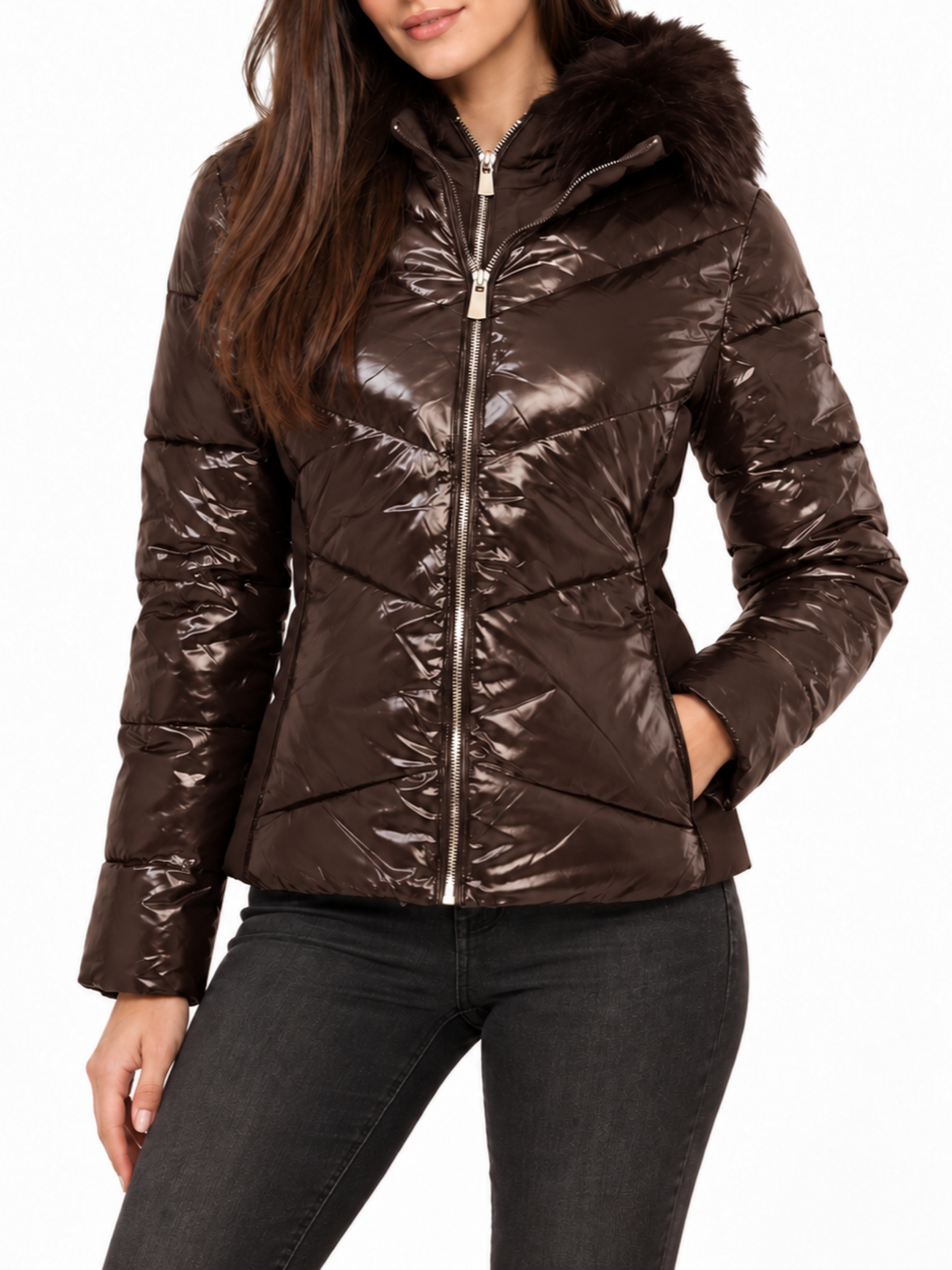 Yes Zee piumino trapuntato donna con cappuccio marrone J016-Q300 0232 YES-ZEE 