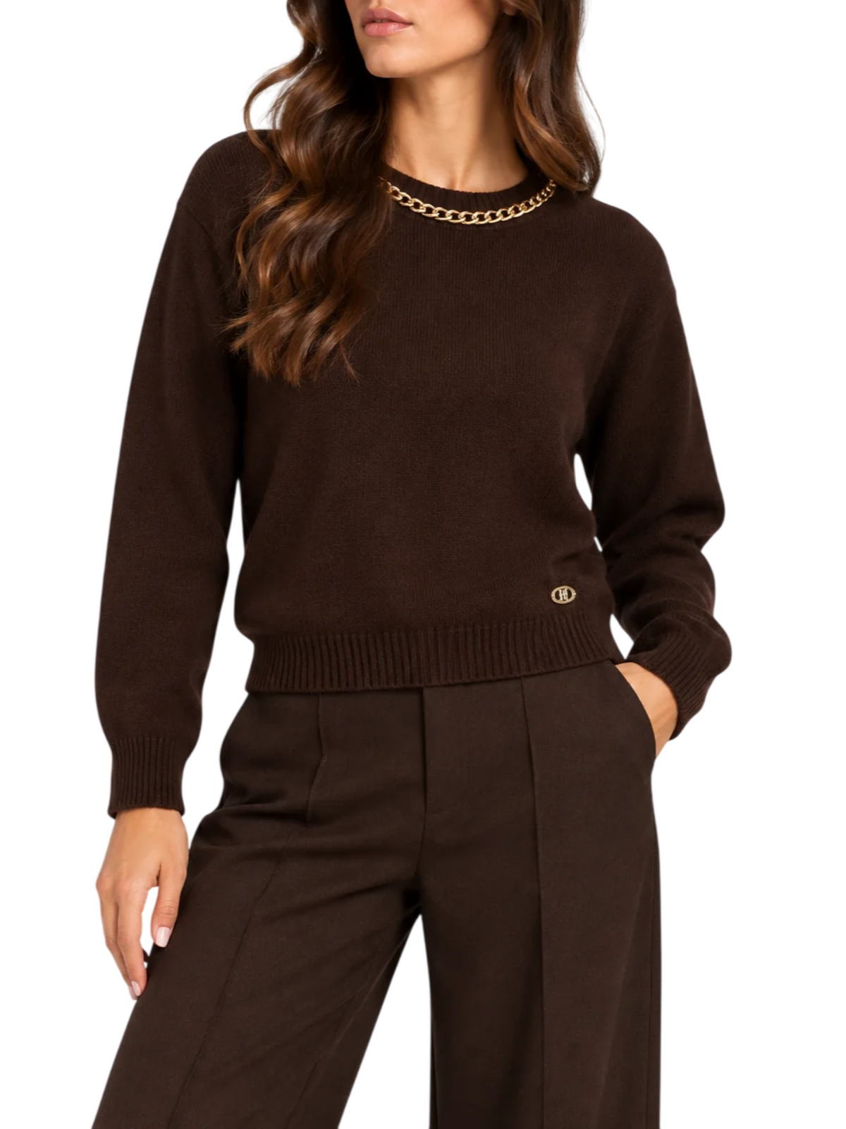 Yes Zee maglia donna misto lana con catenella marrone M037-II00 0232 YES-ZEE 