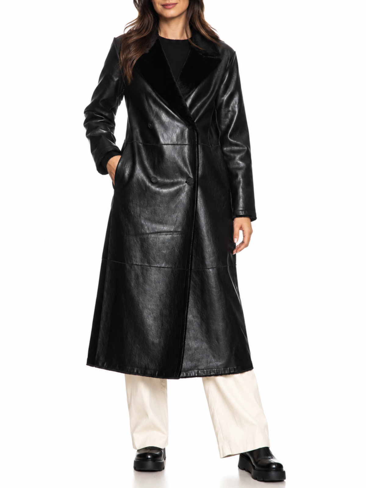 Yes Zee cappotto lungo doppiopetto reversibile in ecopelle ed ecopelliccia nero O063-D200 0801 YES-ZEE 