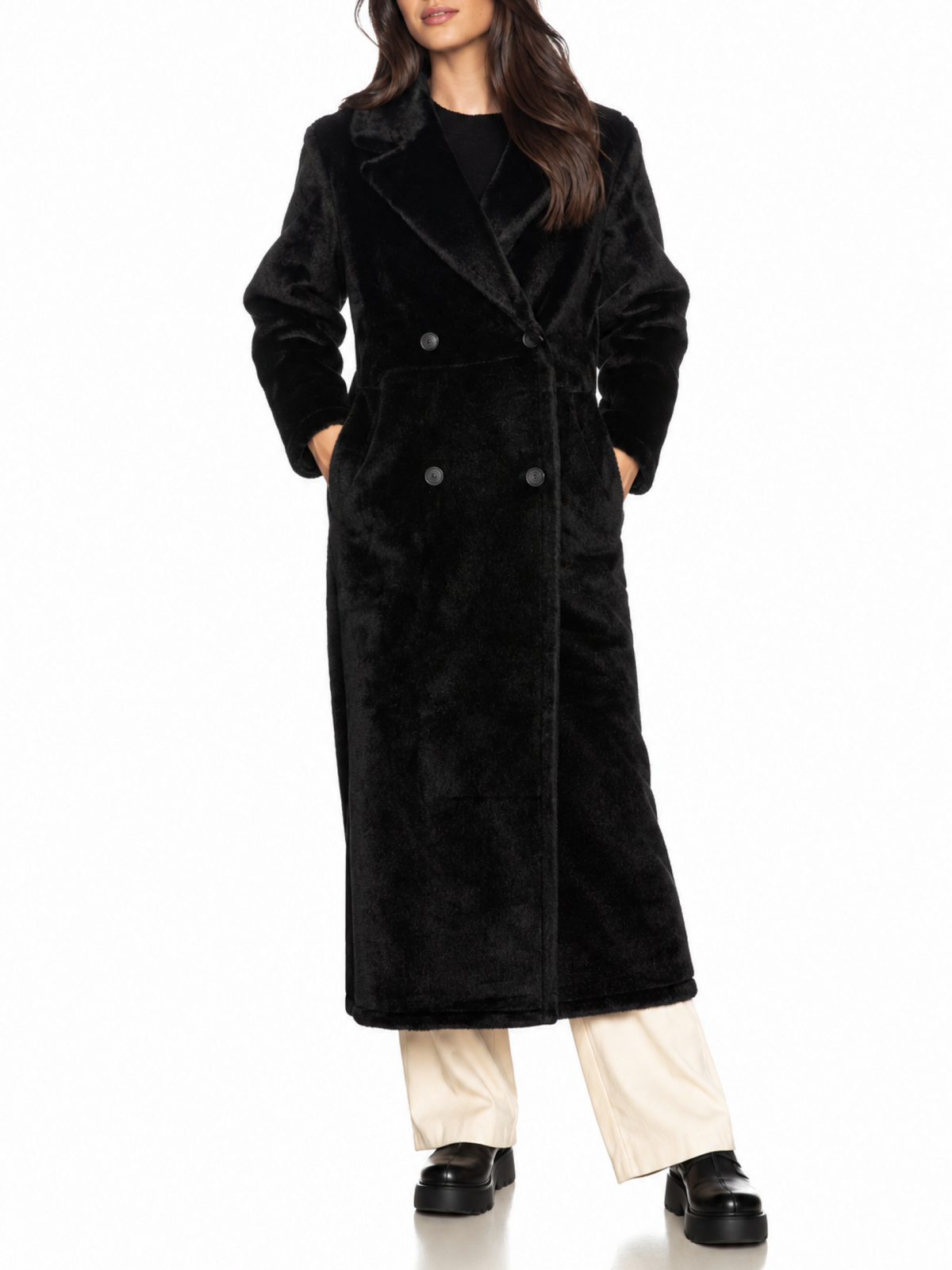 Yes Zee cappotto lungo doppiopetto reversibile in ecopelle ed ecopelliccia nero O063-D200 0801 YES-ZEE 