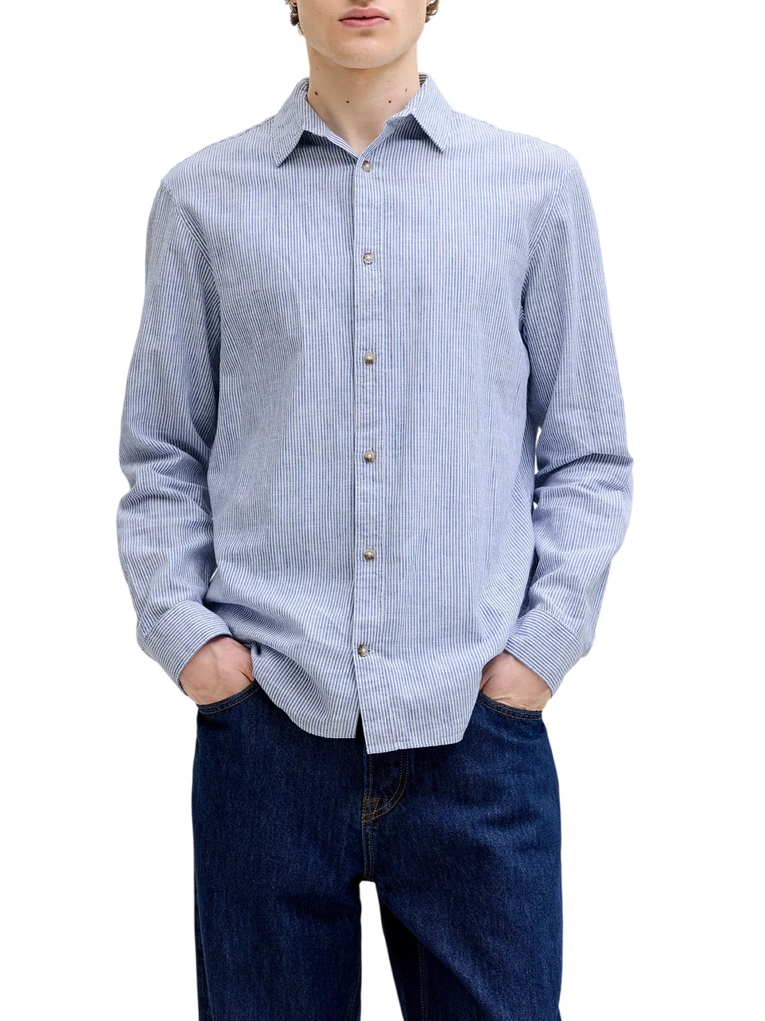 Jack&Jones camicia uomo manica lunga misto lino azzurro bianco 12289174 INFINITY-STRIPES JACK&JONES 