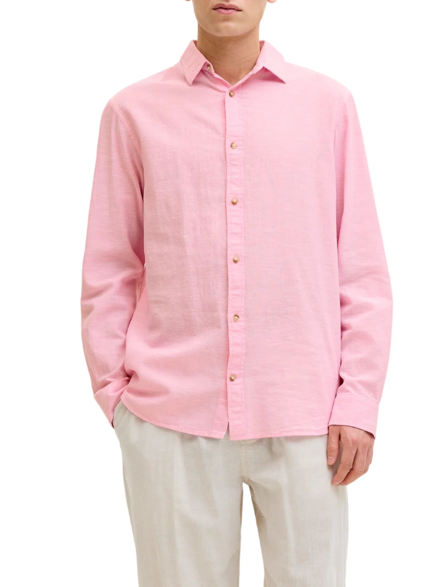 Jack&Jones camicia uomo manica lunga misto lino rosa 12289174 PRISM PINK JACK&JONES 