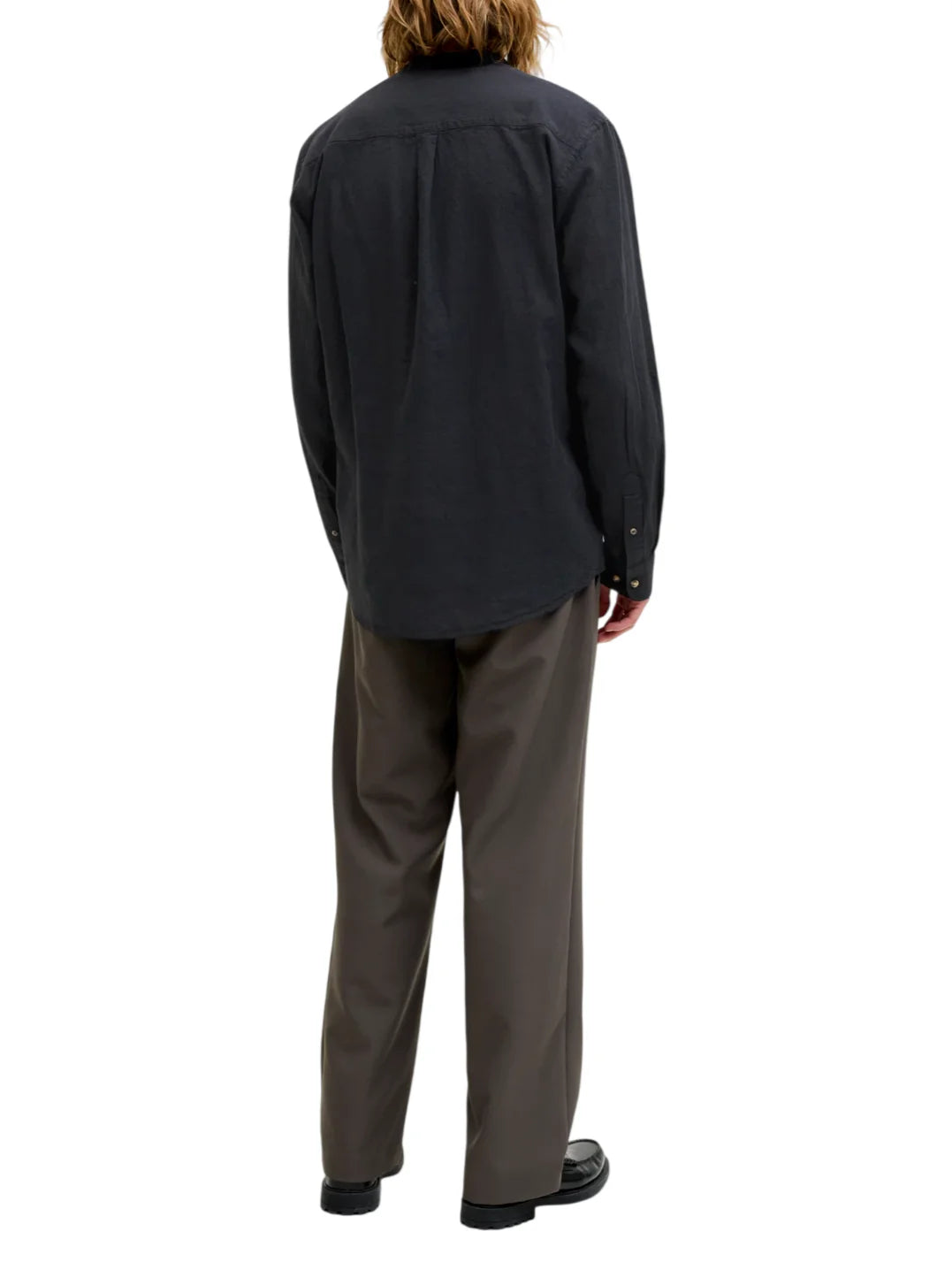 Jack&Jones camicia alla coreana misto lino nero 12289184 BLACK JACK&JONES 