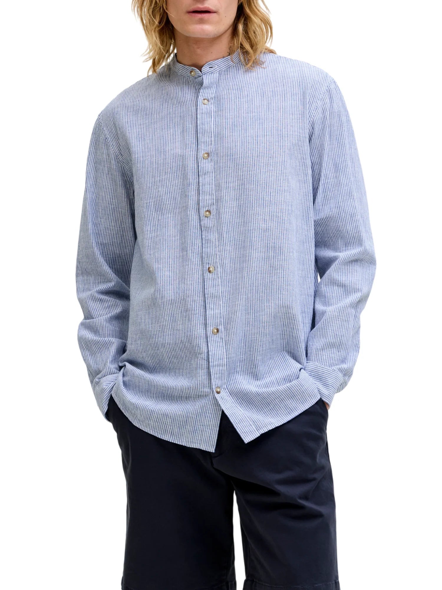 Jack&Jones camicia alla coreana misto lino a righe bianco azzurro 12289184 INFINITY-STRIPES JACK&JONES 