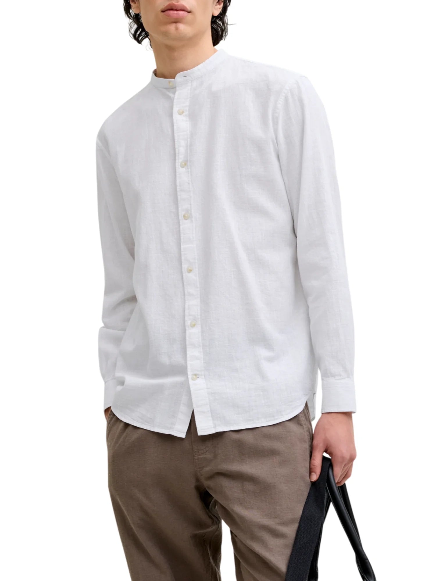 Jack&Jones camicia alla coreana misto lino bianco 12289184 WHITE JACK&JONES 