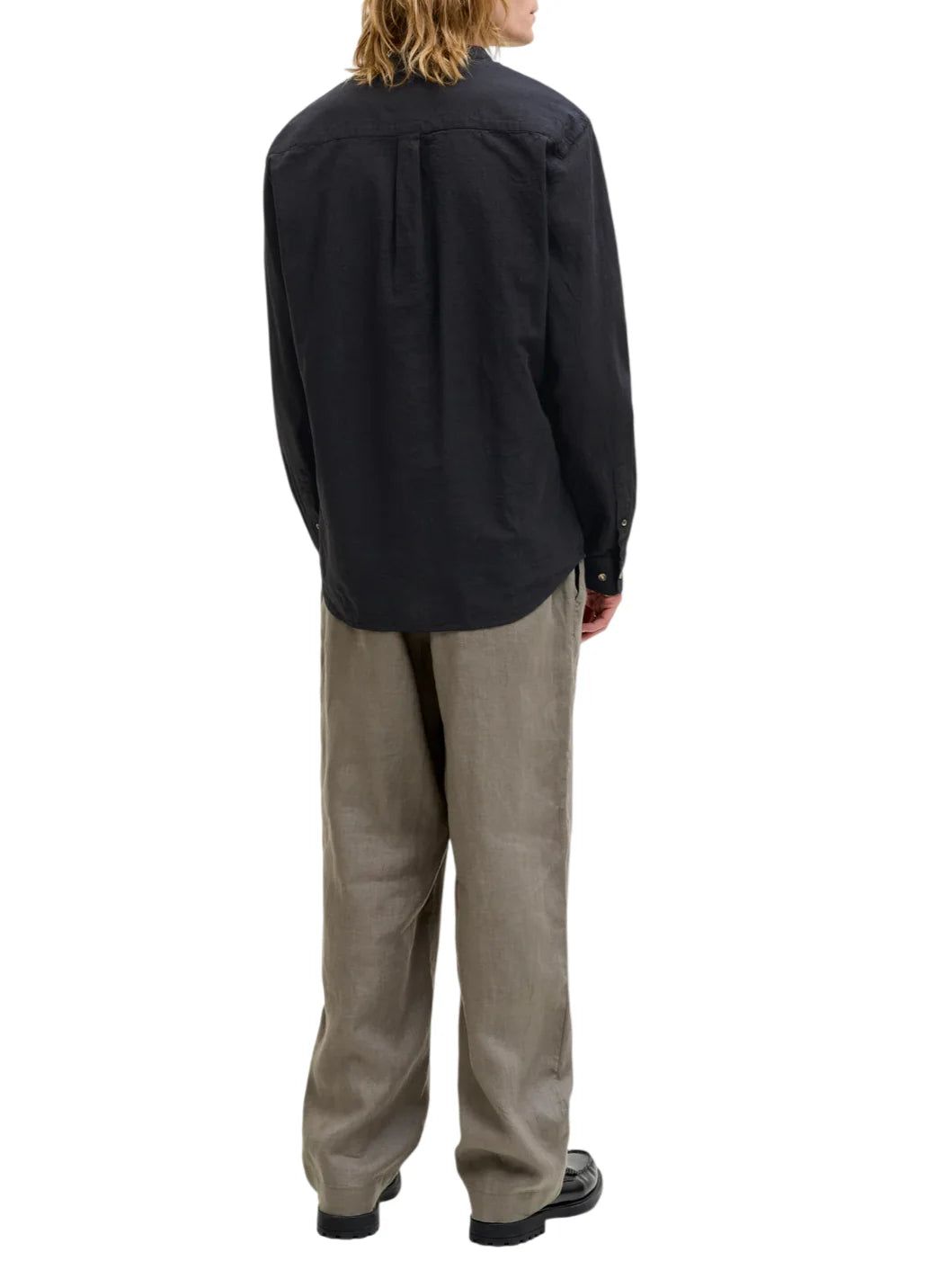 Jack&Jones camicia uomo alla coreana misto lino nero 12289190 BLACK JACK&JONES 