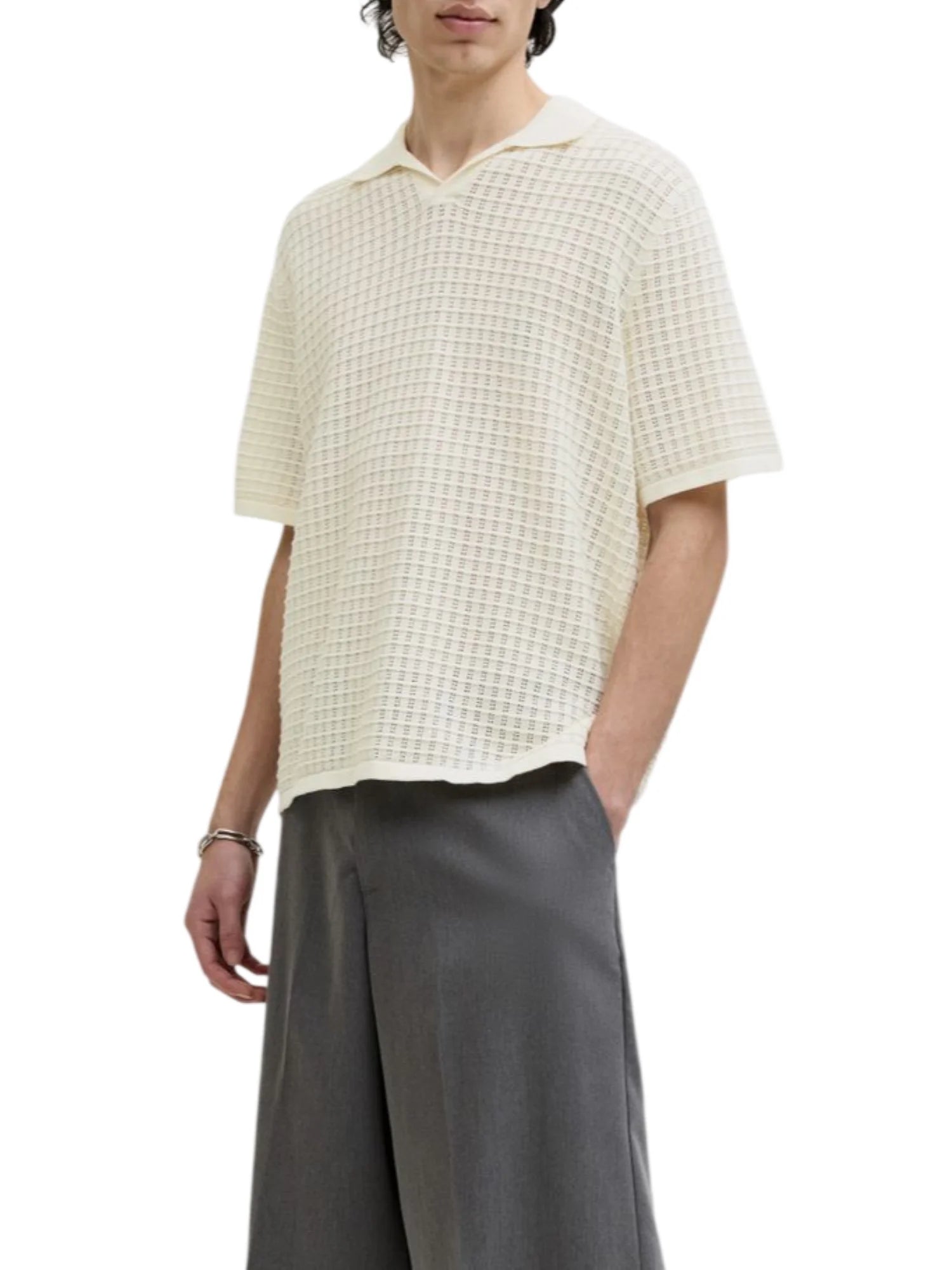 Jac&Jones polo uomo in maglia traforata panna 12291422 SEA SALT JACK&JONES 