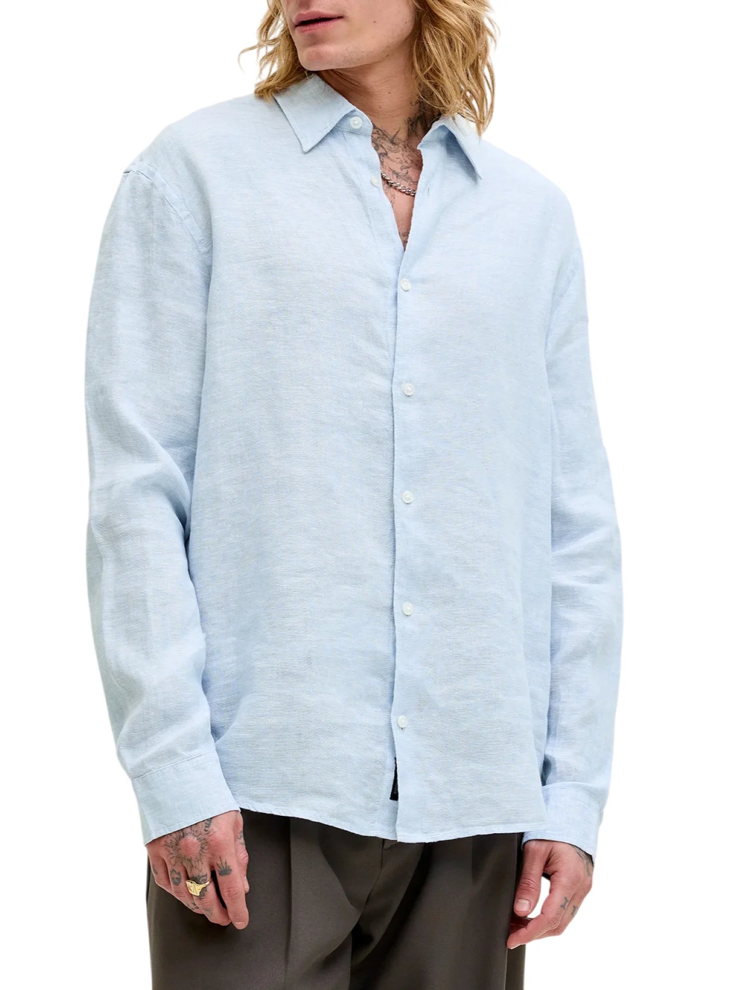 Jack&Jones camicia in lino uomo manica lunga celeste 12293563 CHAMBRAY BLUE JACK&JONES 