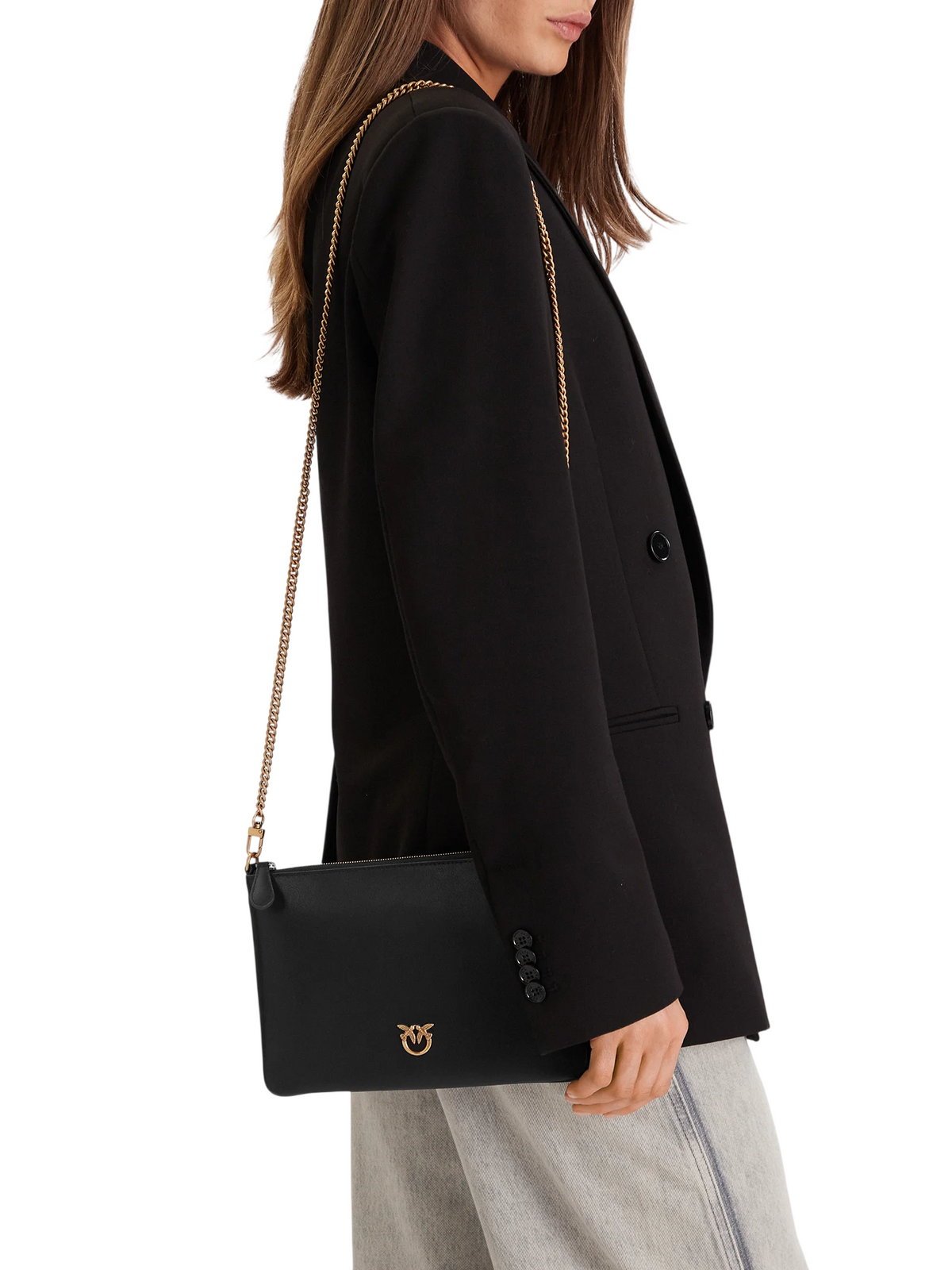 Pinko pochette Flat Classic in pelle con tracolla nero oro 100455-A0F1 Z99Q PINKO 