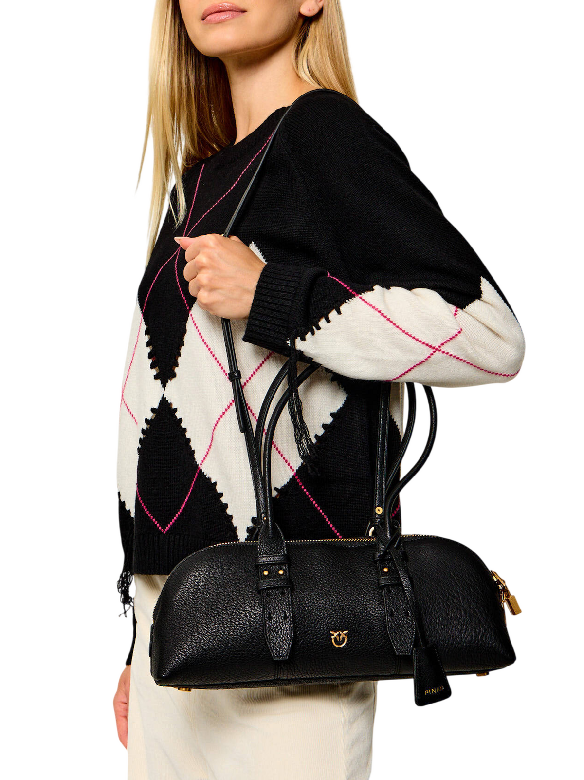 Pinko borsa a mano Bowling Horizontal Big in pelle martellata nero oro 106169-A3CX Z99Q PINKO 