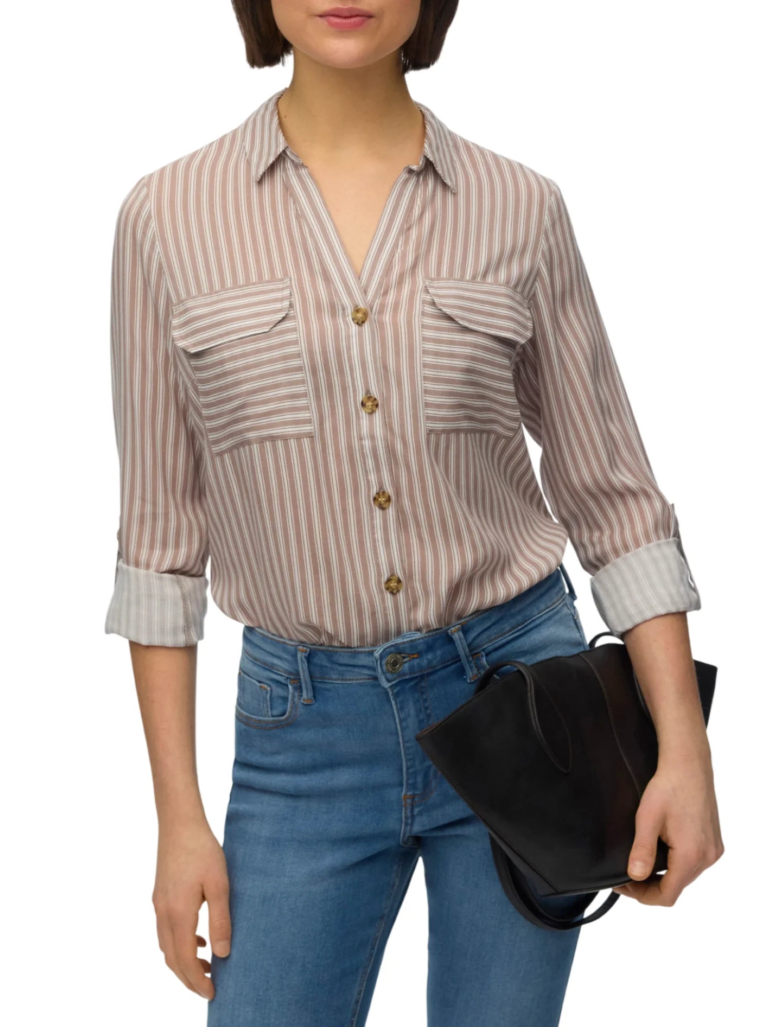 Vero Moda camicia donna a righe con tasconi tortora bianco 10275283 MOON ROCK EVA-SNOW WHITE VERO MODA 