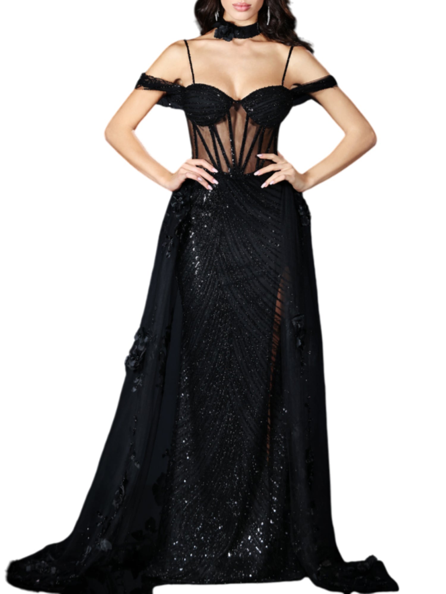 Impero Couture abito da cerimonia con paillettes e strascico con fiori nero JR23008 NERO IMPERO Couture 