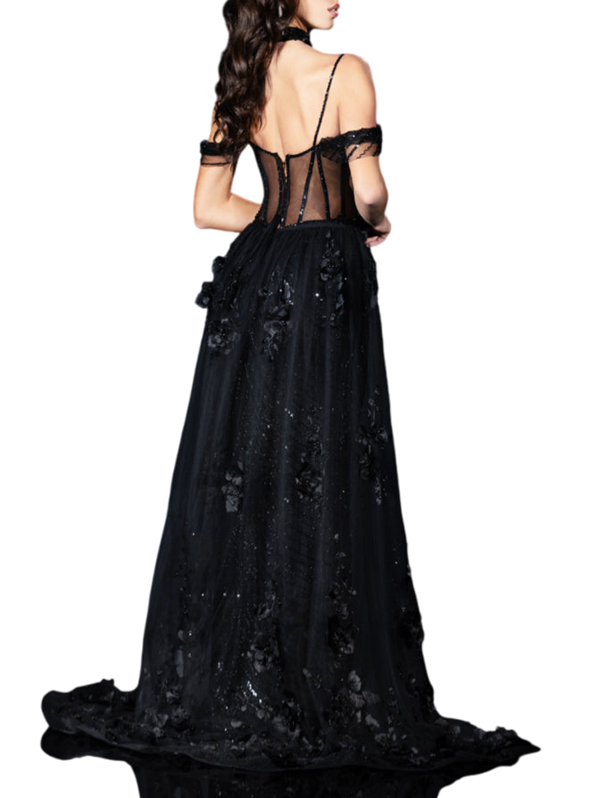 Impero Couture abito da cerimonia con paillettes e strascico con fiori nero JR23008 NERO IMPERO Couture 