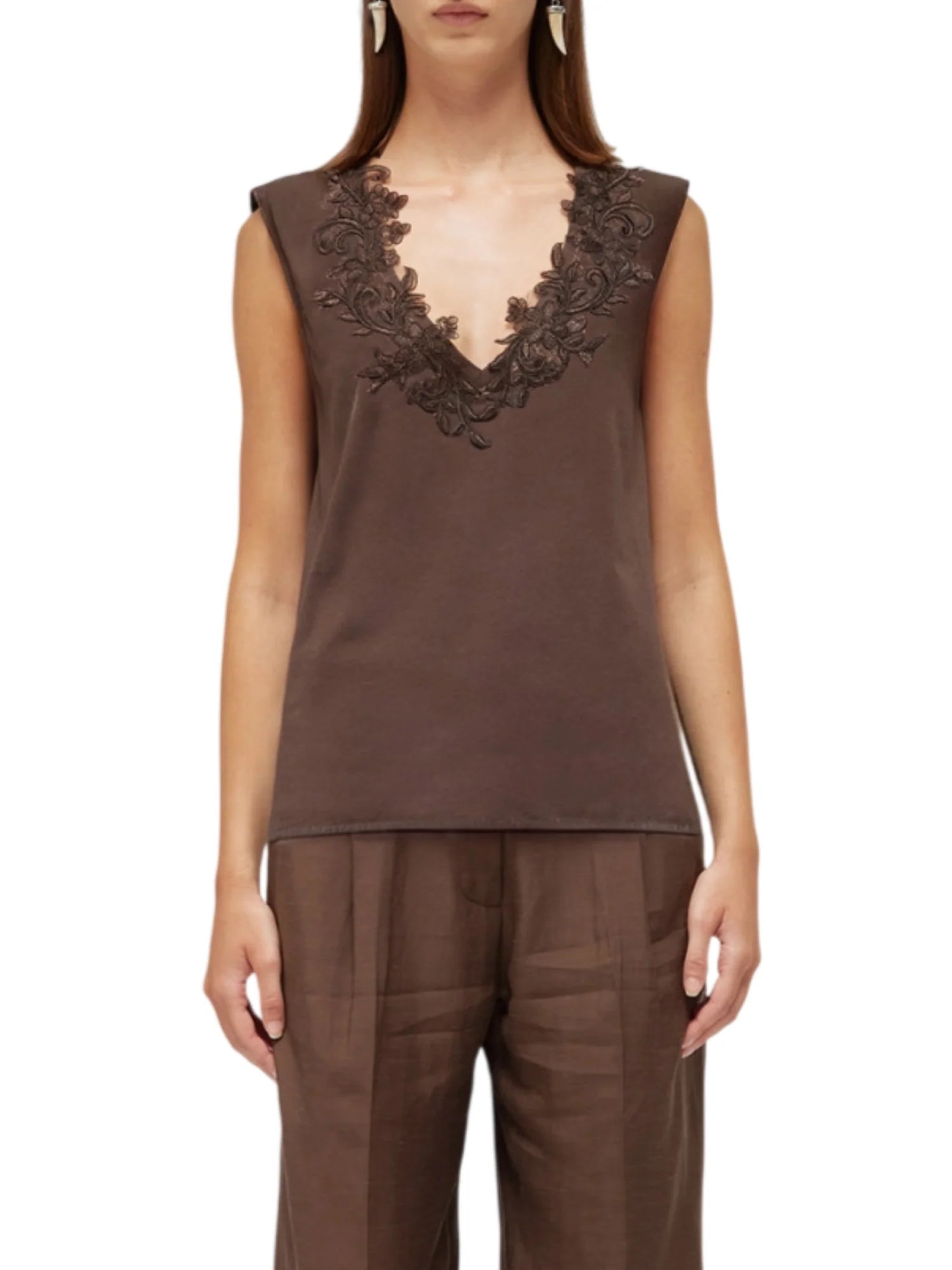 Blugirl T-shirt smanicata con ricami floreali marrone RA6152J5003 90913 BLUGIRL 